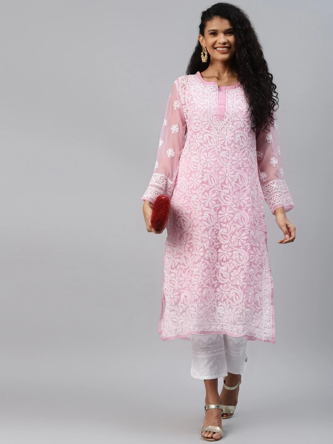 Ada Hand Embroidered Onion Pink Georgette Lucknowi Chikankari Straight Kurta with Slip A186499