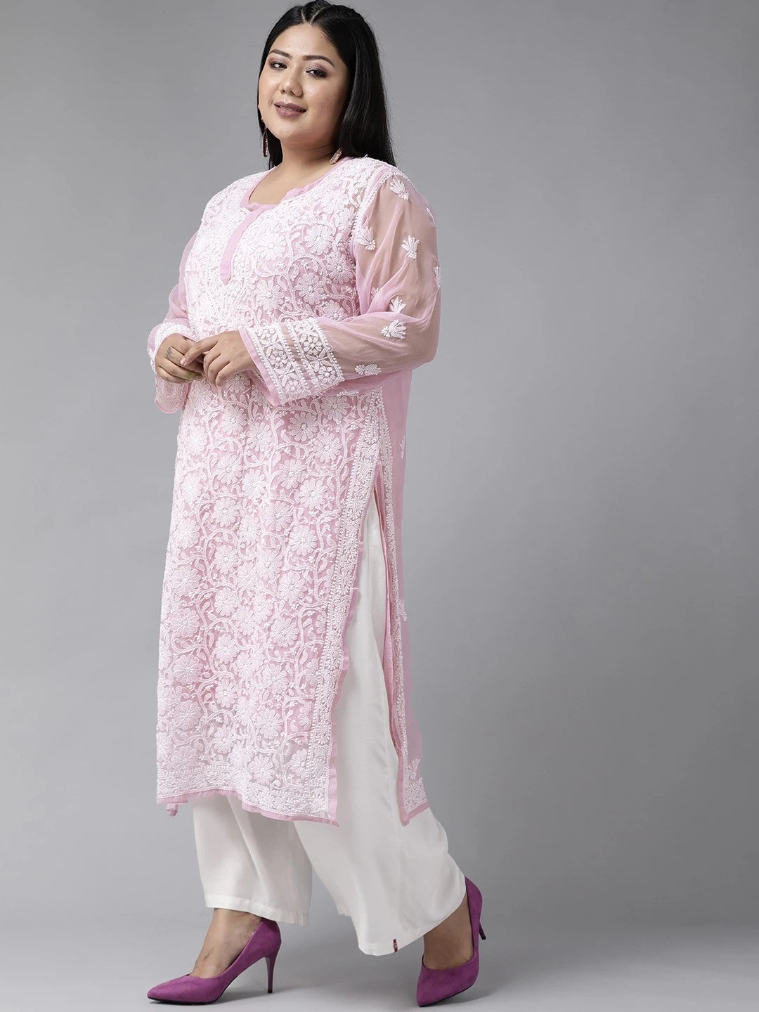 Ada Hand Embroidered Onion Pink Georgette Lucknowi Chikankari Straight Kurta with Slip A186499