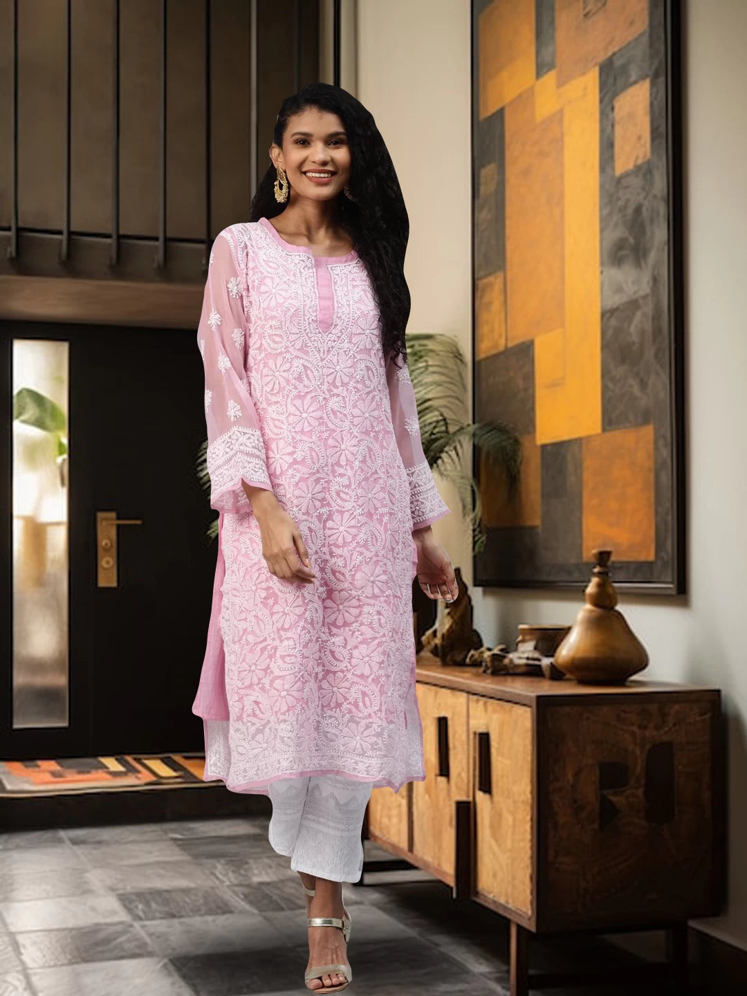 Ada Hand Embroidered Onion Pink Georgette Lucknowi Chikankari Straight Kurta with Slip A186499