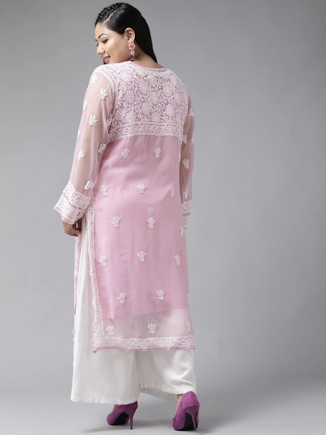 Ada Hand Embroidered Onion Pink Georgette Lucknowi Chikankari Straight Kurta with Slip A186499