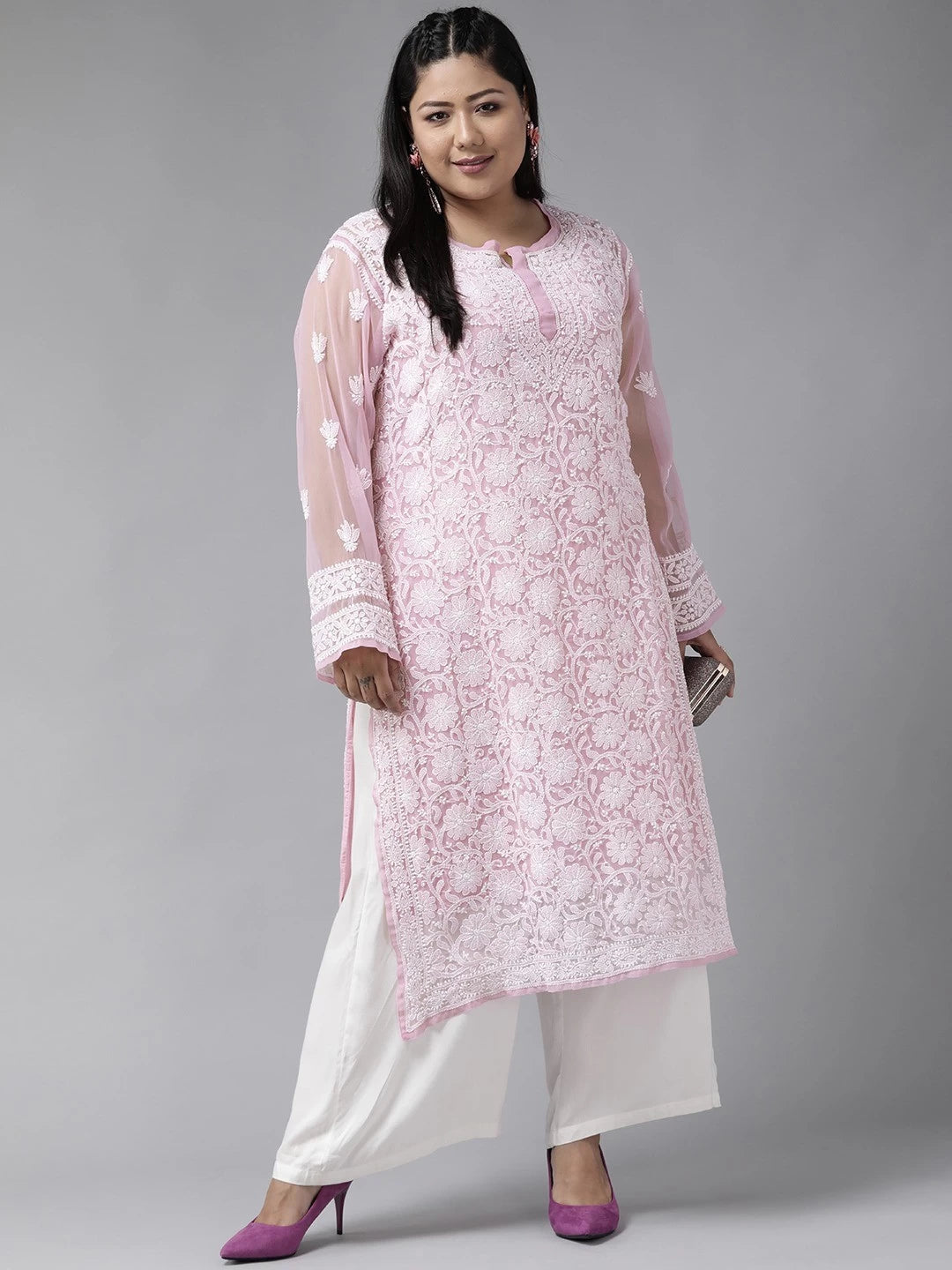 Ada Hand Embroidered Onion Pink Georgette Lucknowi Chikankari Straight Kurta with Slip A186499