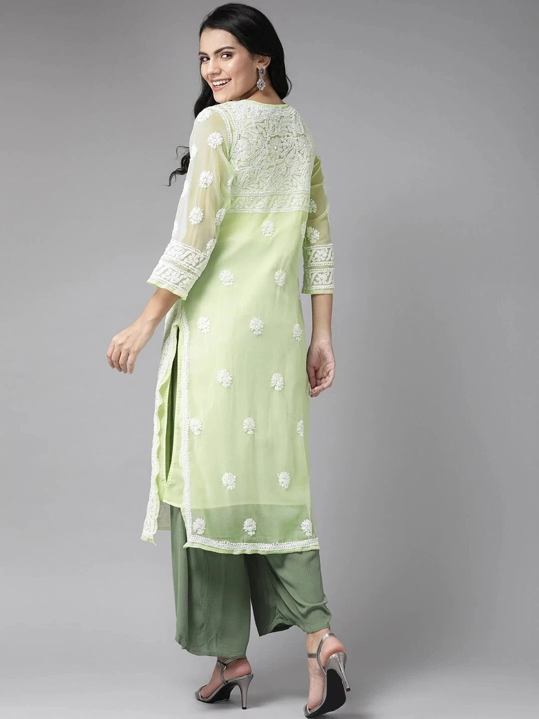 Ada Hand Embroidered Green Georgette Lucknowi Chikankari Straight Kurta with Slip A158874