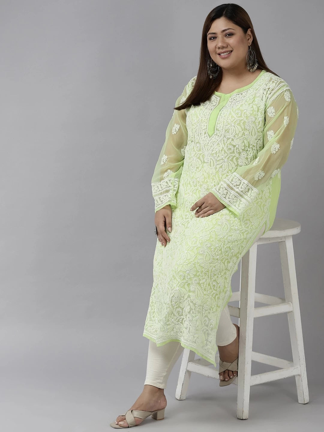 Ada Hand Embroidered Green Georgette Lucknowi Chikankari Straight Kurta with Slip A158874