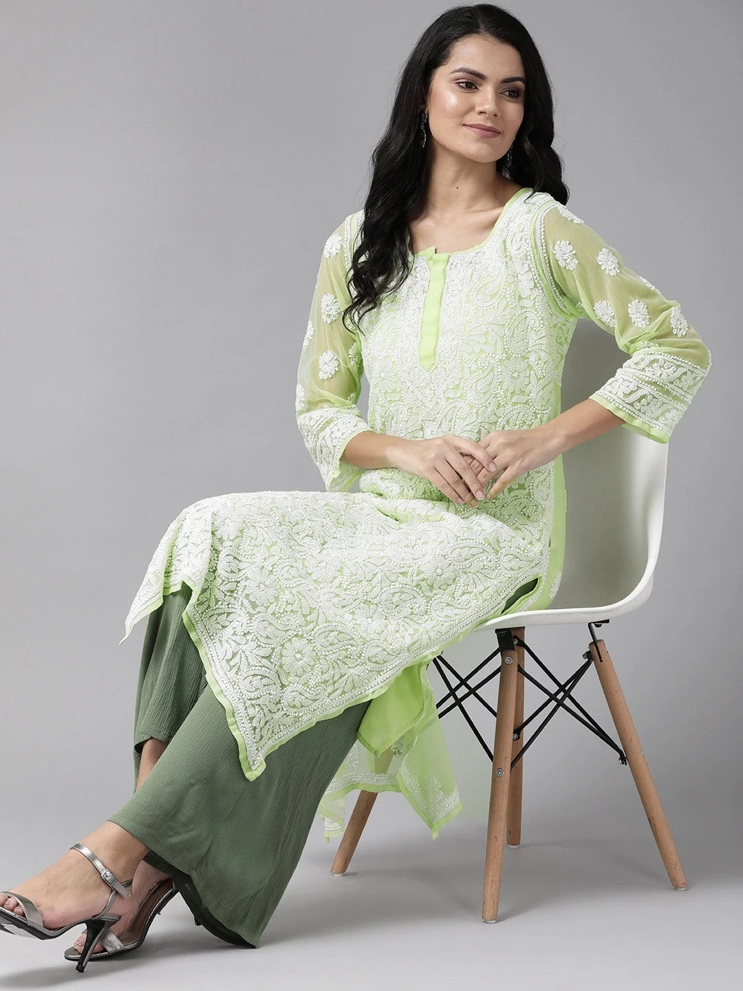 Ada Hand Embroidered Green Georgette Lucknowi Chikankari Straight Kurta with Slip A158874