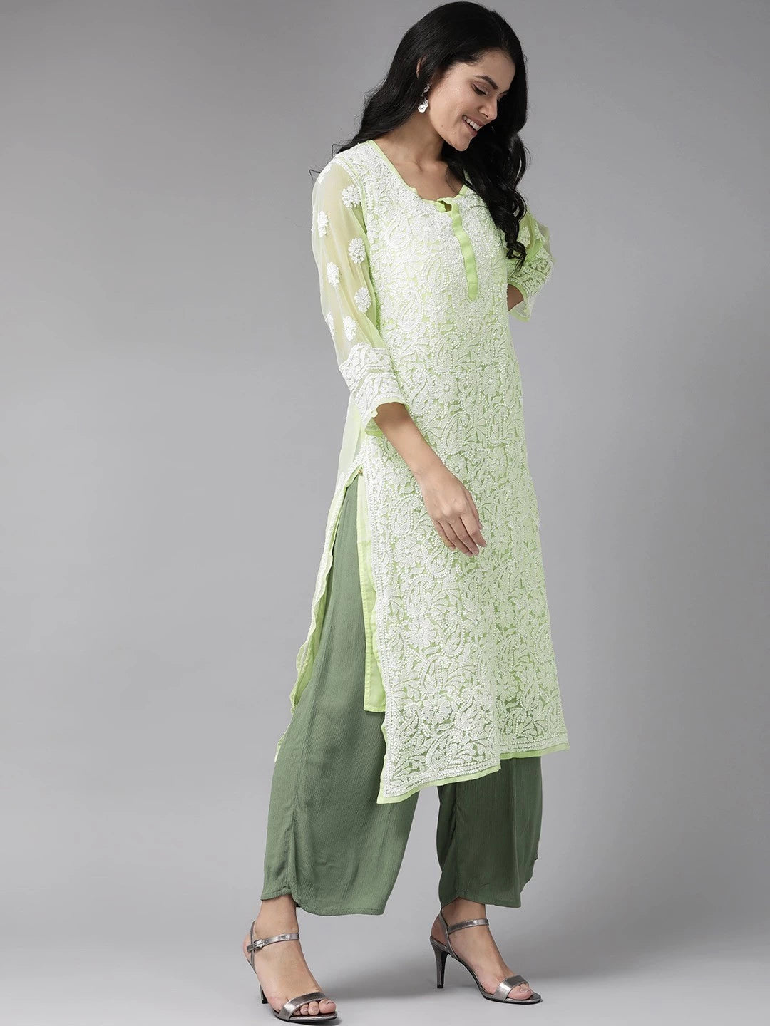 Ada Hand Embroidered Green Georgette Lucknowi Chikankari Straight Kurta with Slip A158874