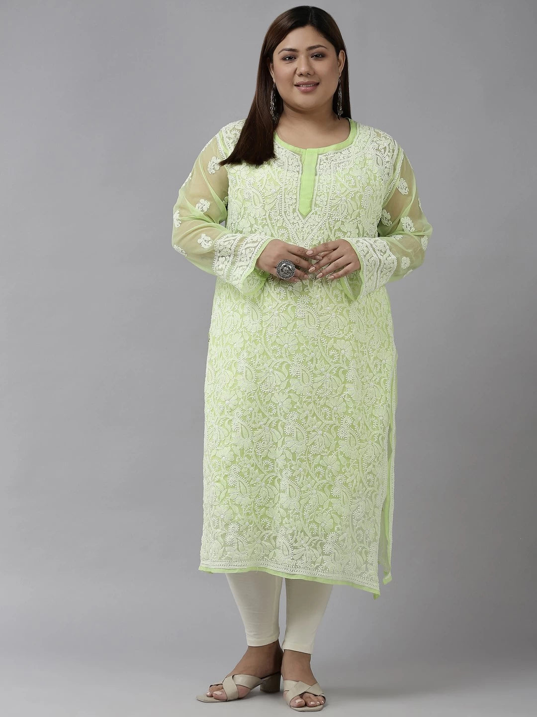 Ada Hand Embroidered Green Georgette Lucknowi Chikankari Straight Kurta with Slip A158874