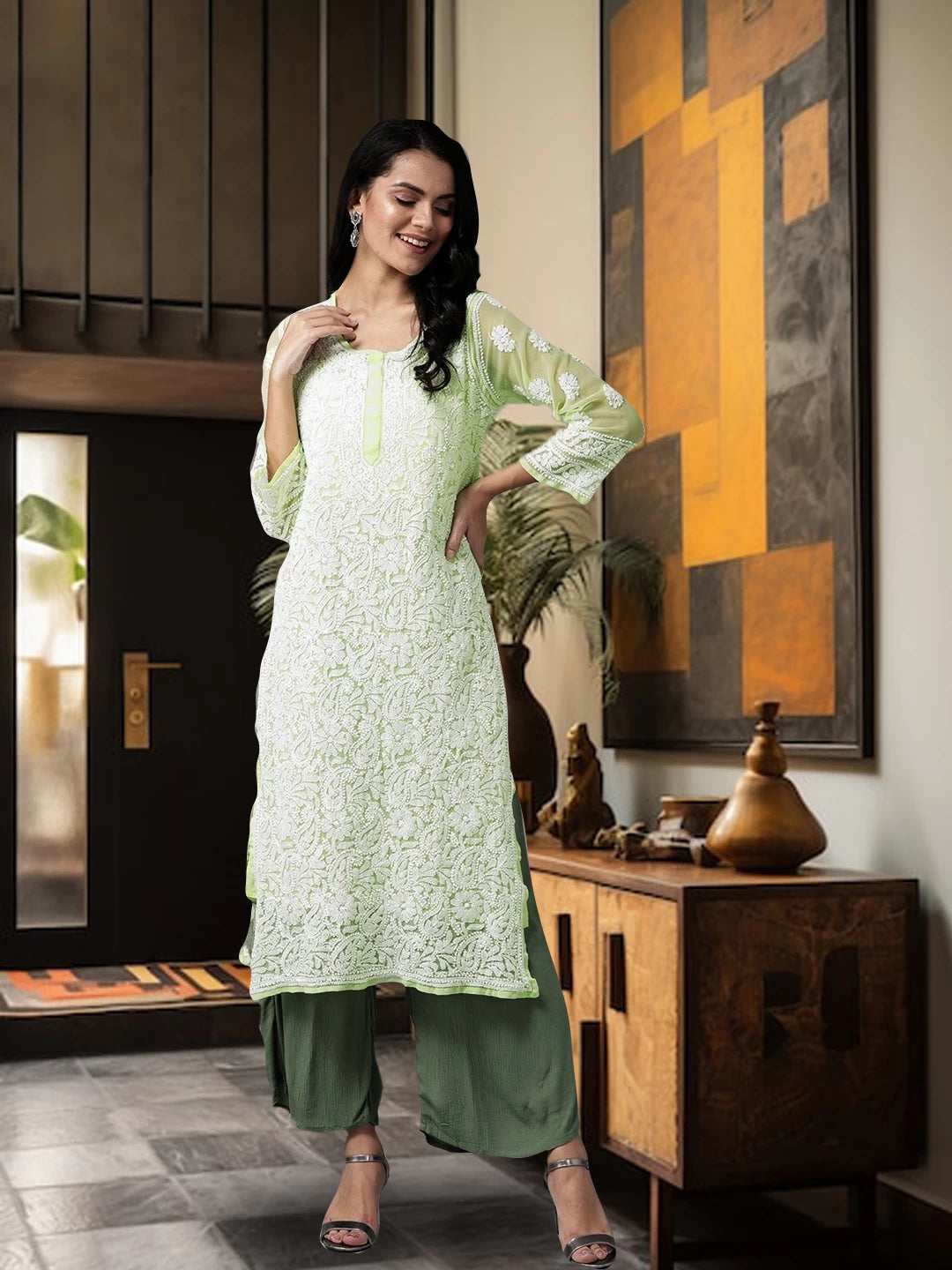 Ada Hand Embroidered Green Georgette Lucknowi Chikankari Straight Kurta with Slip A158874