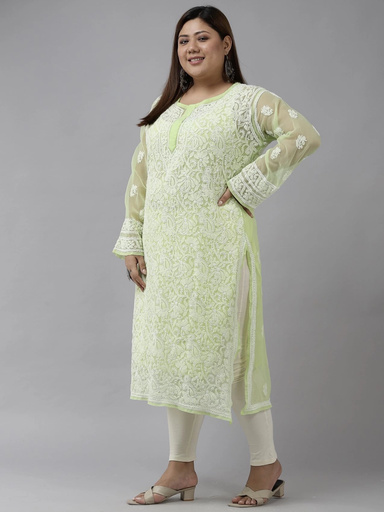 Ada Hand Embroidered Green Georgette Lucknowi Chikankari Straight Kurta with Slip A158874