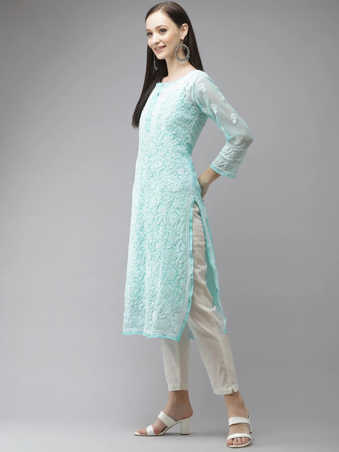 Ada Hand Embroidered Blue  Georgette Lucknow Chikan Kurta with Slip A411322