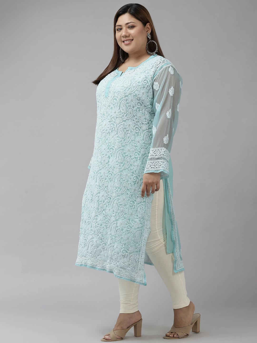 Ada Hand Embroidered Blue  Georgette Lucknow Chikan Kurta with Slip A411322