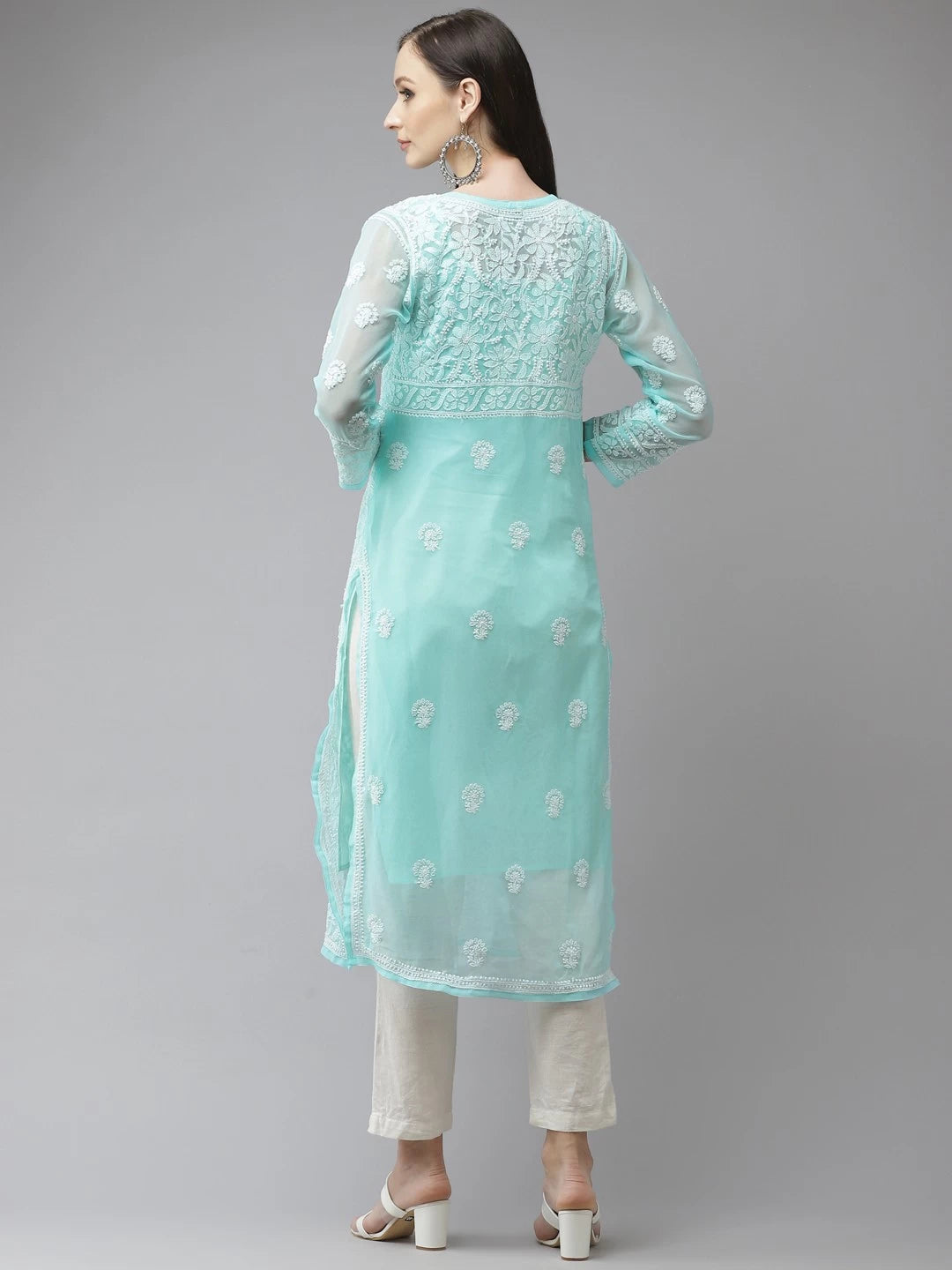 Ada Hand Embroidered Blue  Georgette Lucknow Chikan Kurta with Slip A411322