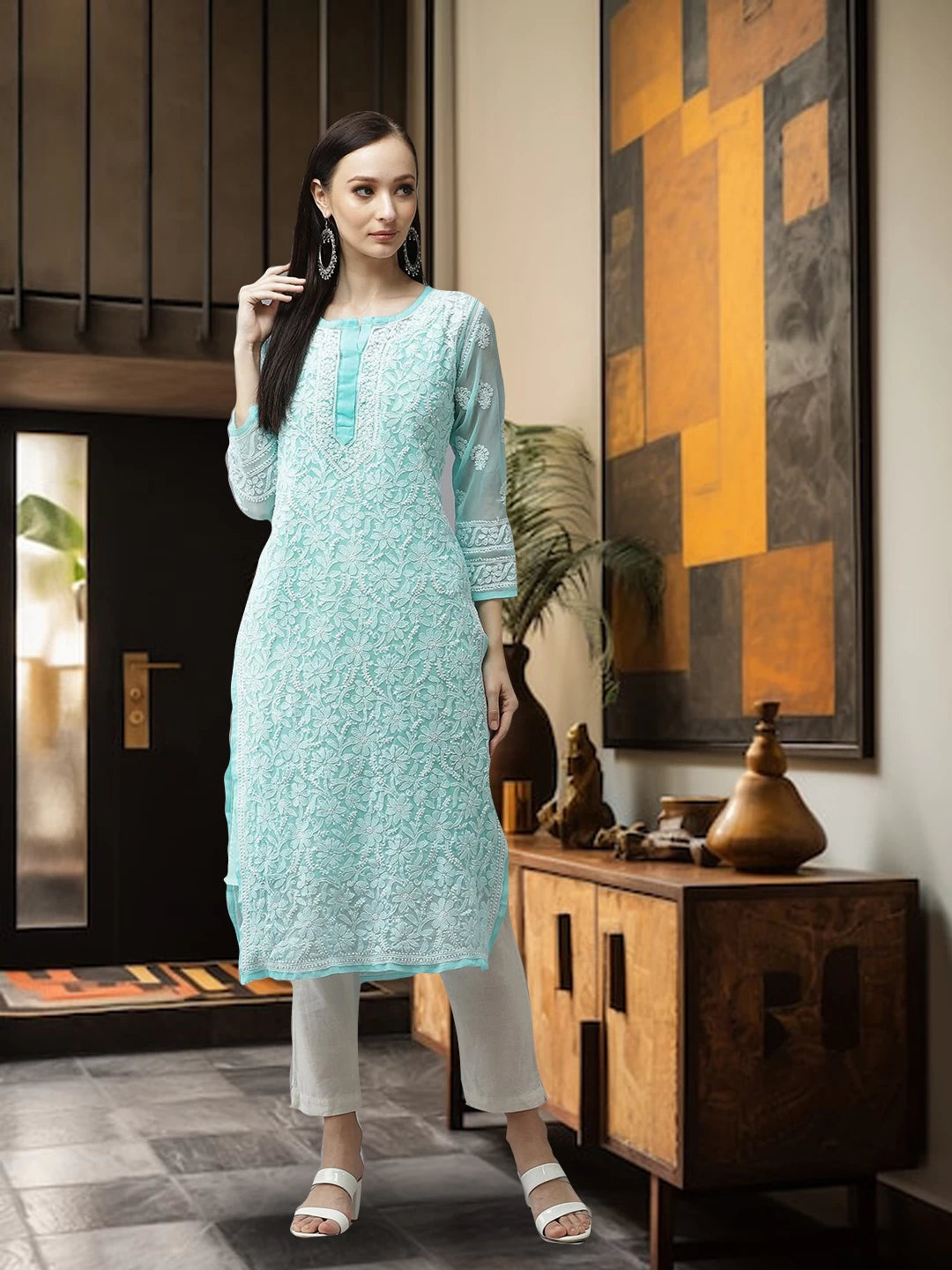Ada Hand Embroidered Blue  Georgette Lucknow Chikan Kurta with Slip A411322
