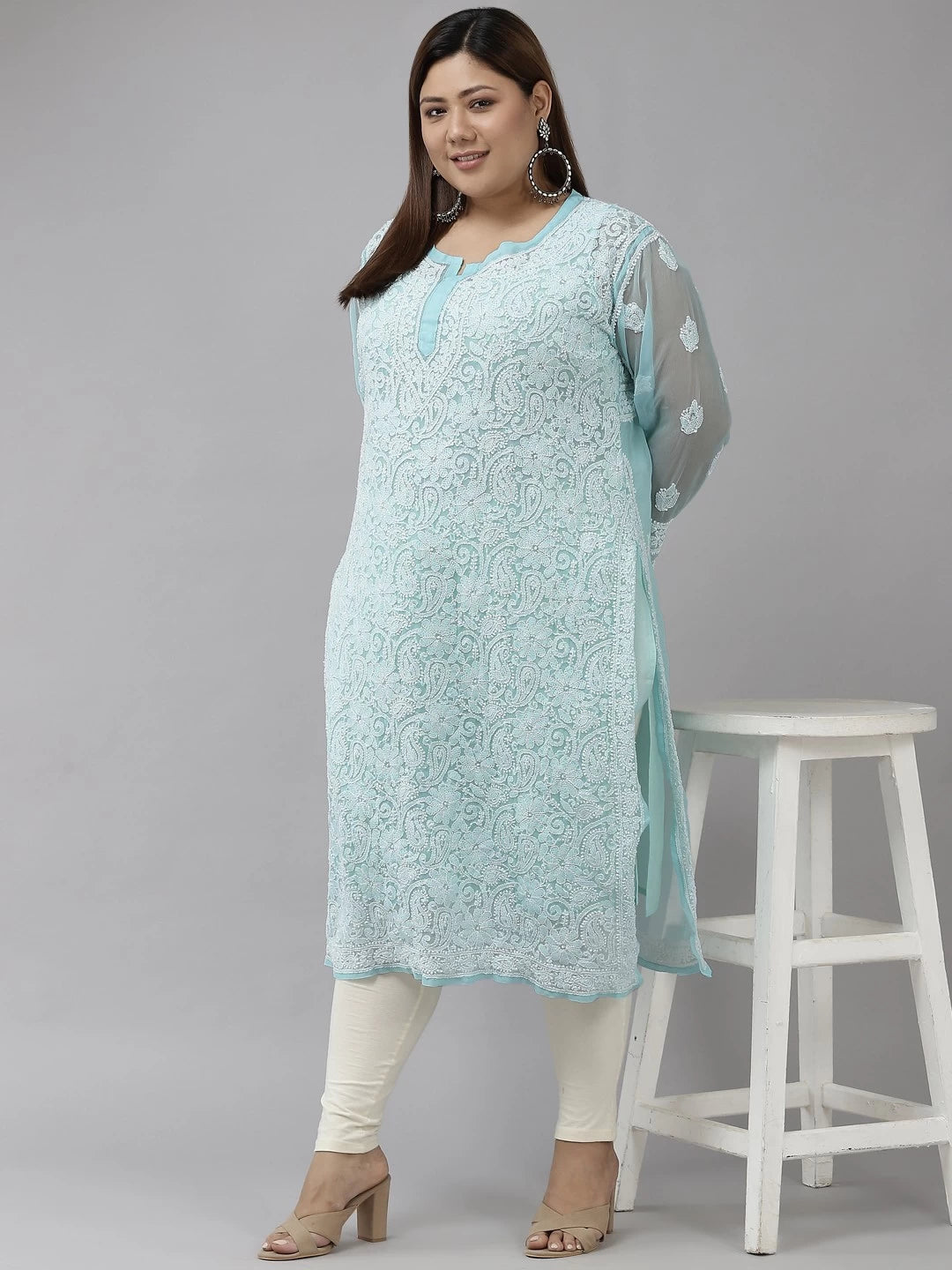 Ada Hand Embroidered Blue  Georgette Lucknow Chikan Kurta with Slip A411322