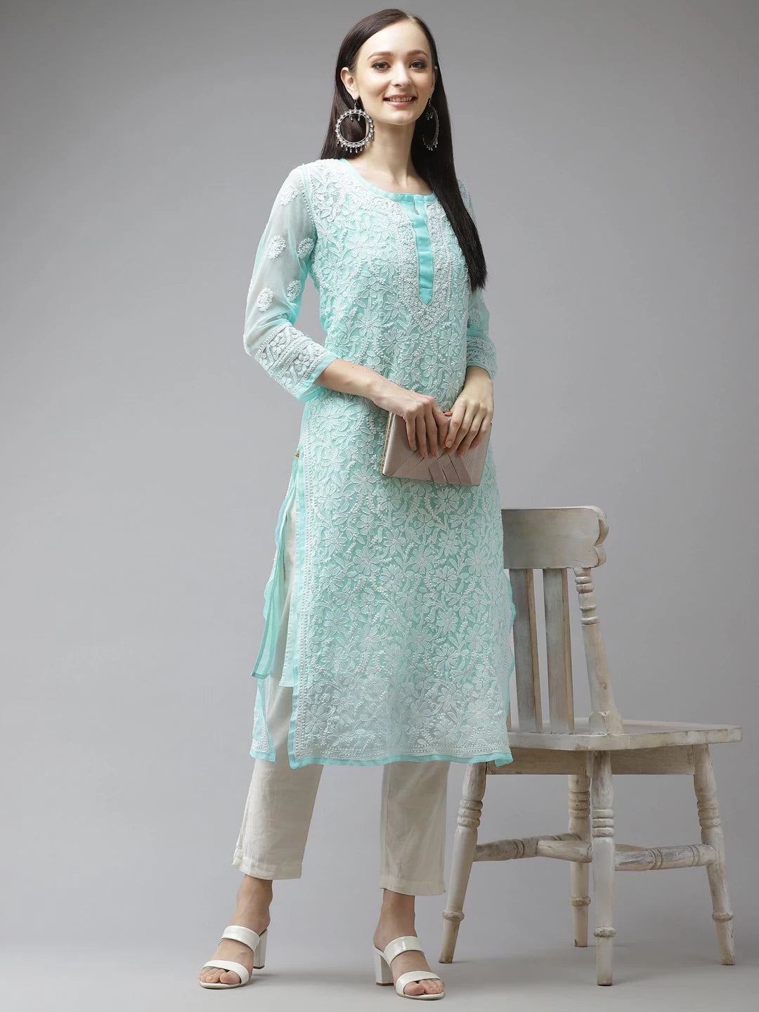 Ada Hand Embroidered Blue  Georgette Lucknow Chikan Kurta with Slip A411322