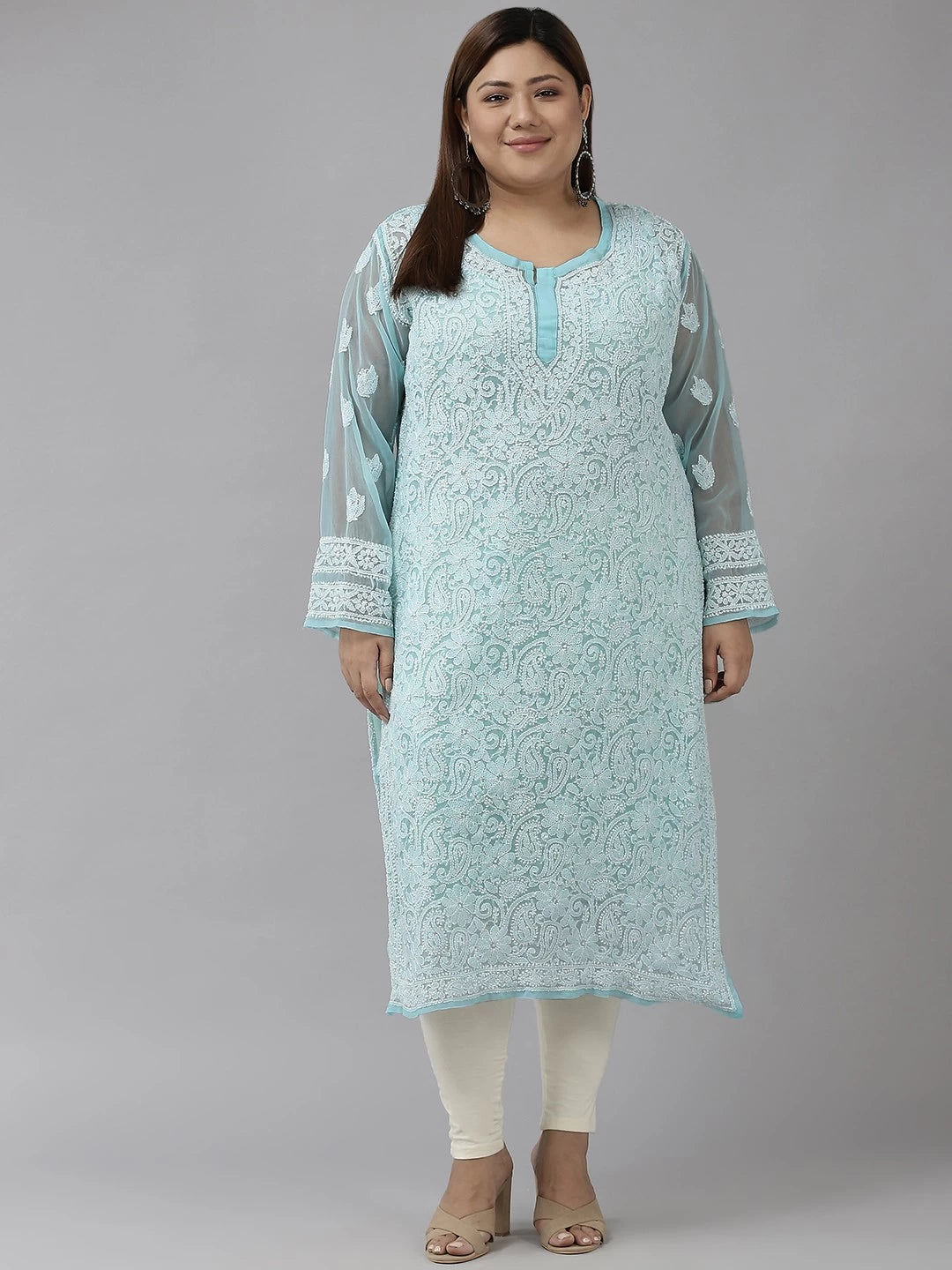Ada Hand Embroidered Blue  Georgette Lucknow Chikan Kurta with Slip A411322