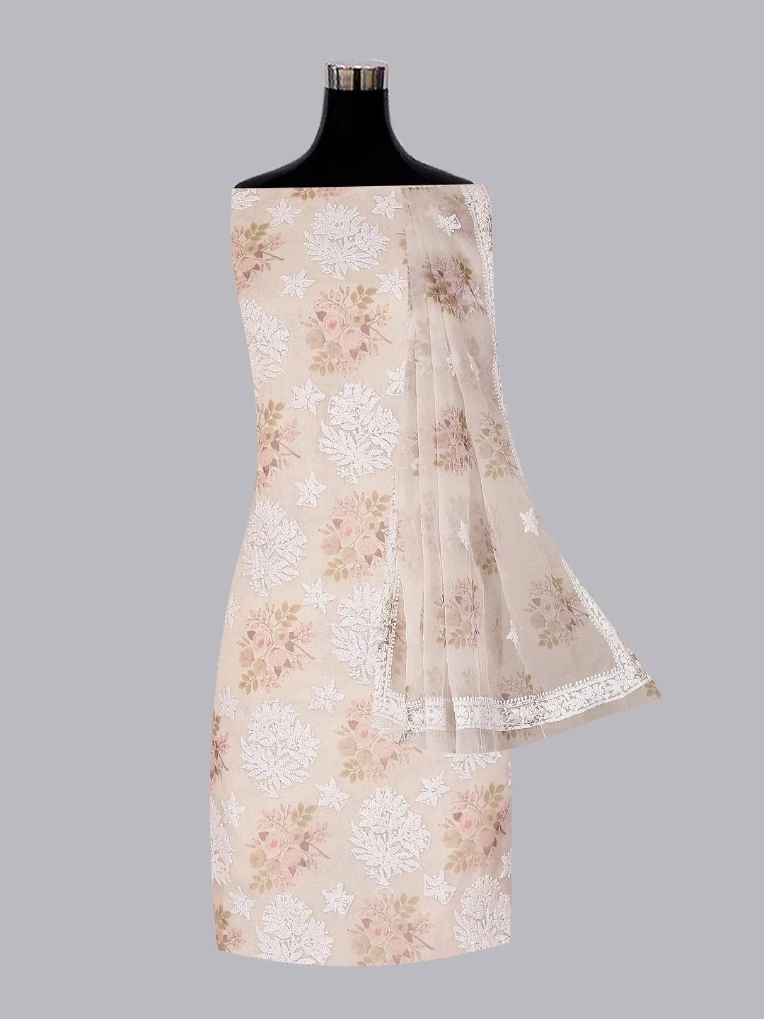 Ada Hand Embroidered White Floral Print Organza Lucknowi Chikankari Unstitched Kurta Dupatta Set 01A481968