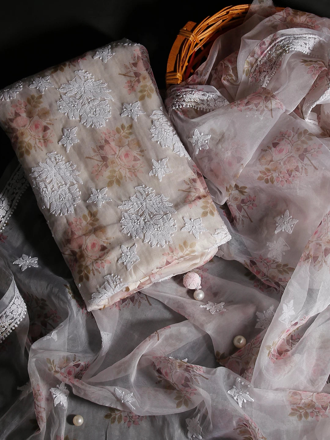 Ada Hand Embroidered White Floral Print Organza Lucknowi Chikankari Unstitched Kurta Dupatta Set 01A481968