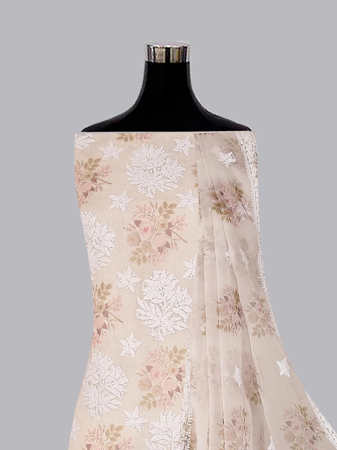 Ada Hand Embroidered White Floral Print Organza Lucknowi Chikankari Unstitched Kurta Dupatta Set 01A481968