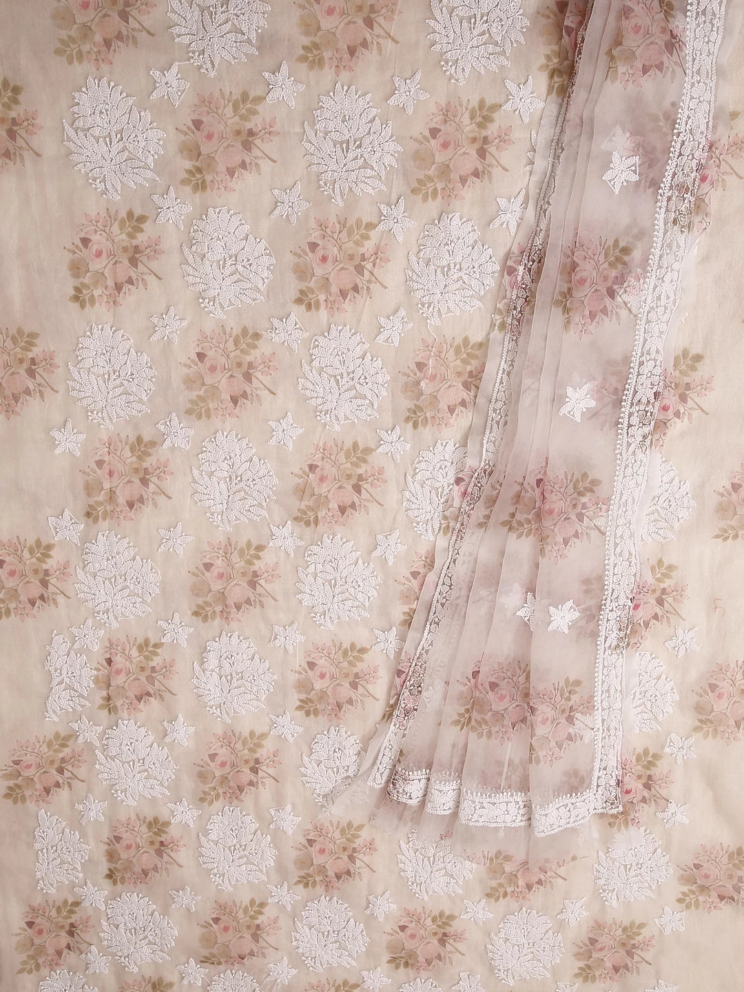 Ada Hand Embroidered White Floral Print Organza Lucknowi Chikankari Unstitched Kurta Dupatta Set 01A481968