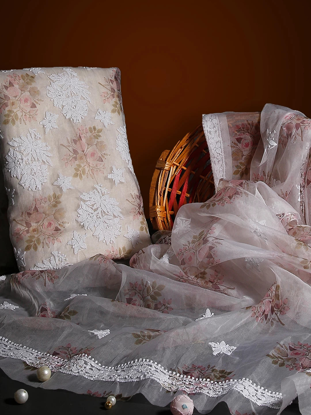 Ada Hand Embroidered White Floral Print Organza Lucknowi Chikankari Unstitched Kurta Dupatta Set 01A481968