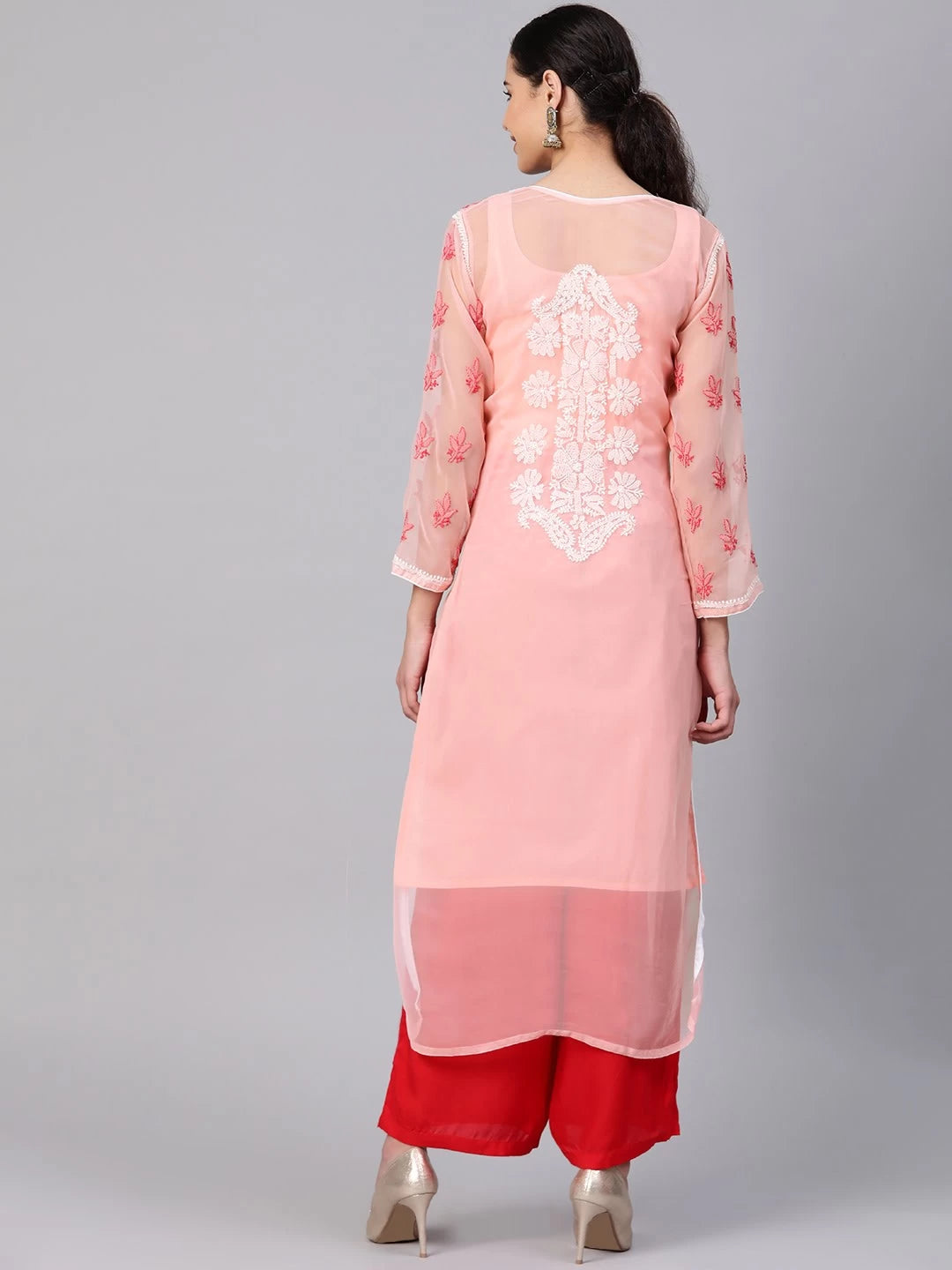 Ada Hand Embroidered Peach Georgette Lucknowi Chikankari Straight Kurta with Slip A100378