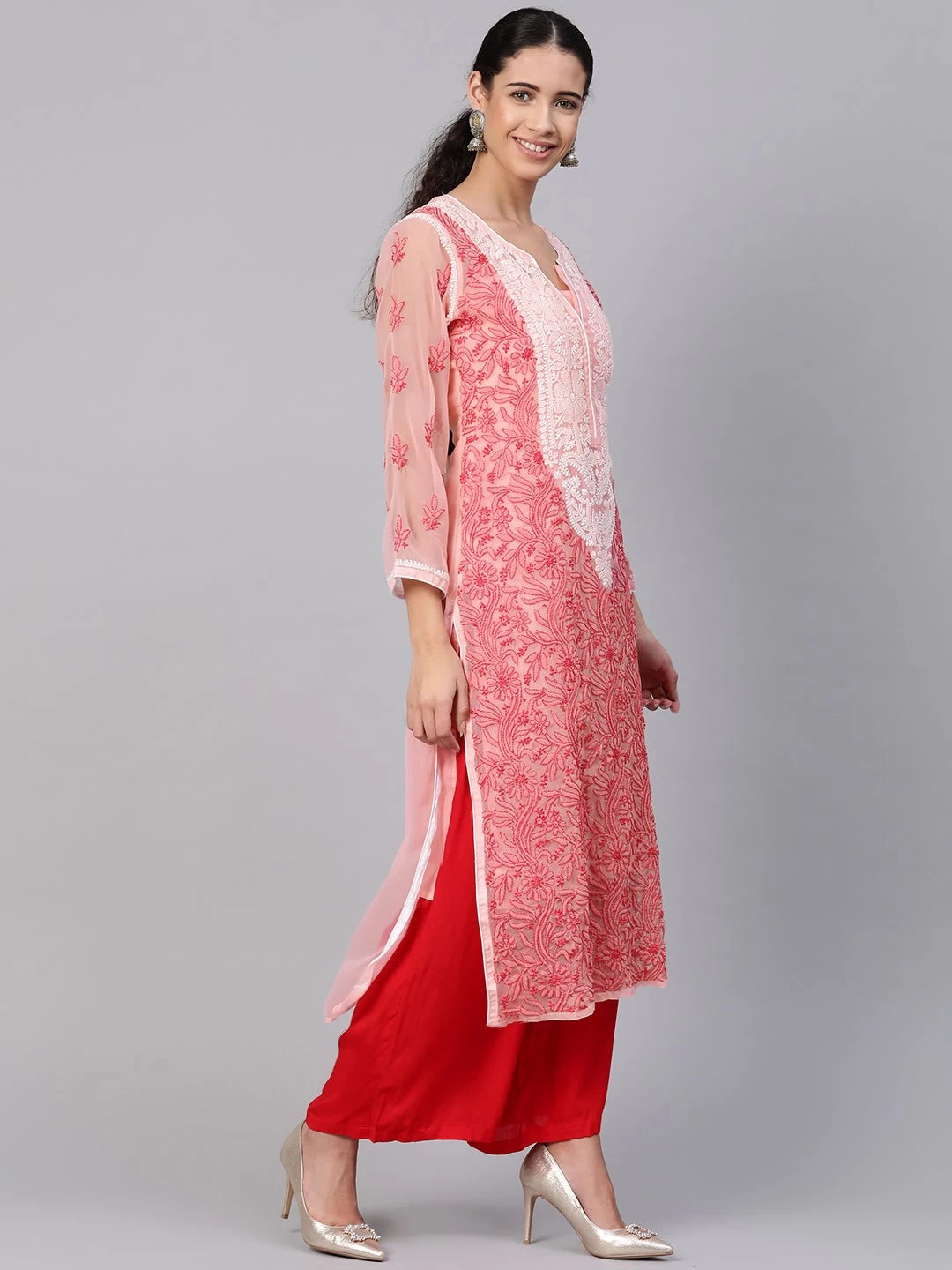 Ada Hand Embroidered Peach Georgette Lucknowi Chikankari Straight Kurta with Slip A100378