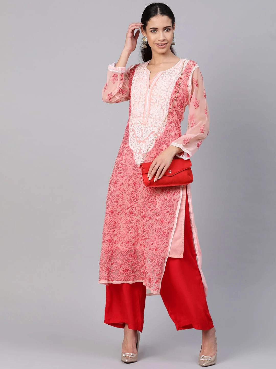 Ada Hand Embroidered Peach Georgette Lucknowi Chikankari Straight Kurta with Slip A100378