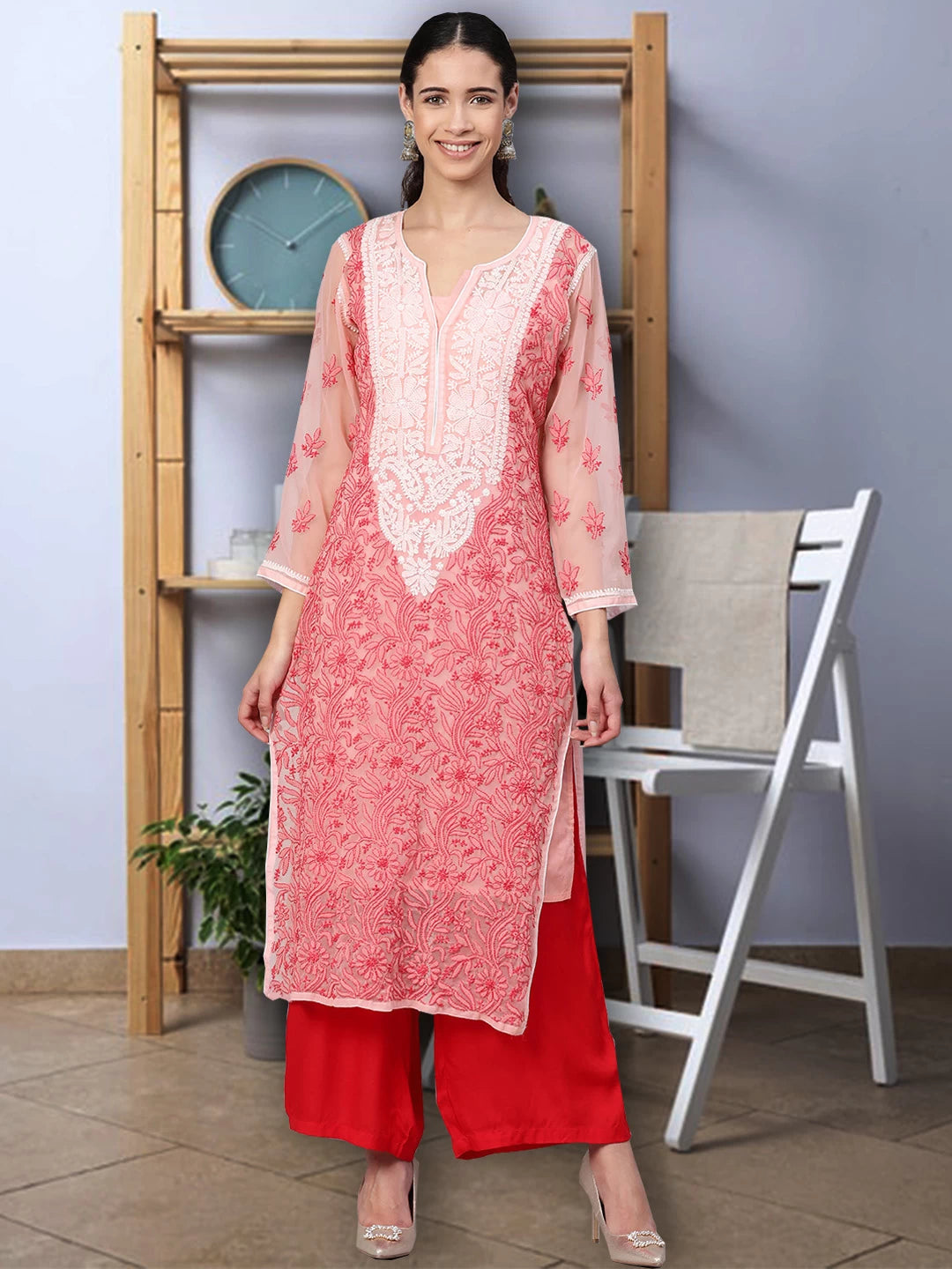 Ada Hand Embroidered Peach Georgette Lucknowi Chikankari Straight Kurta with Slip A100378
