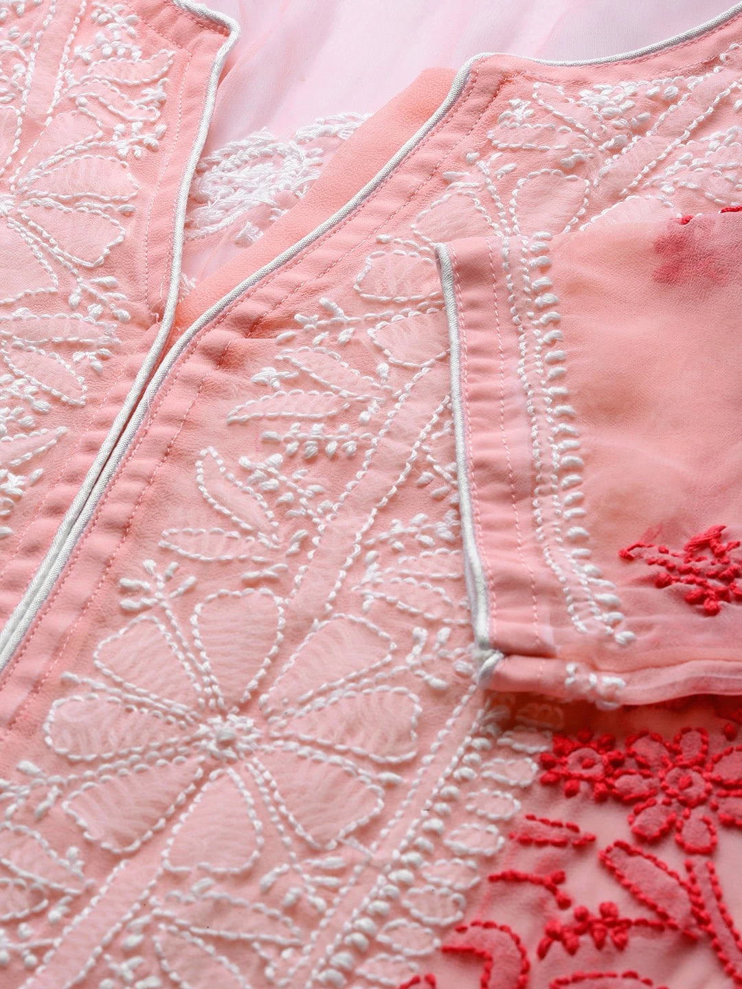 Ada Hand Embroidered Peach Georgette Lucknowi Chikankari Straight Kurta with Slip A100378