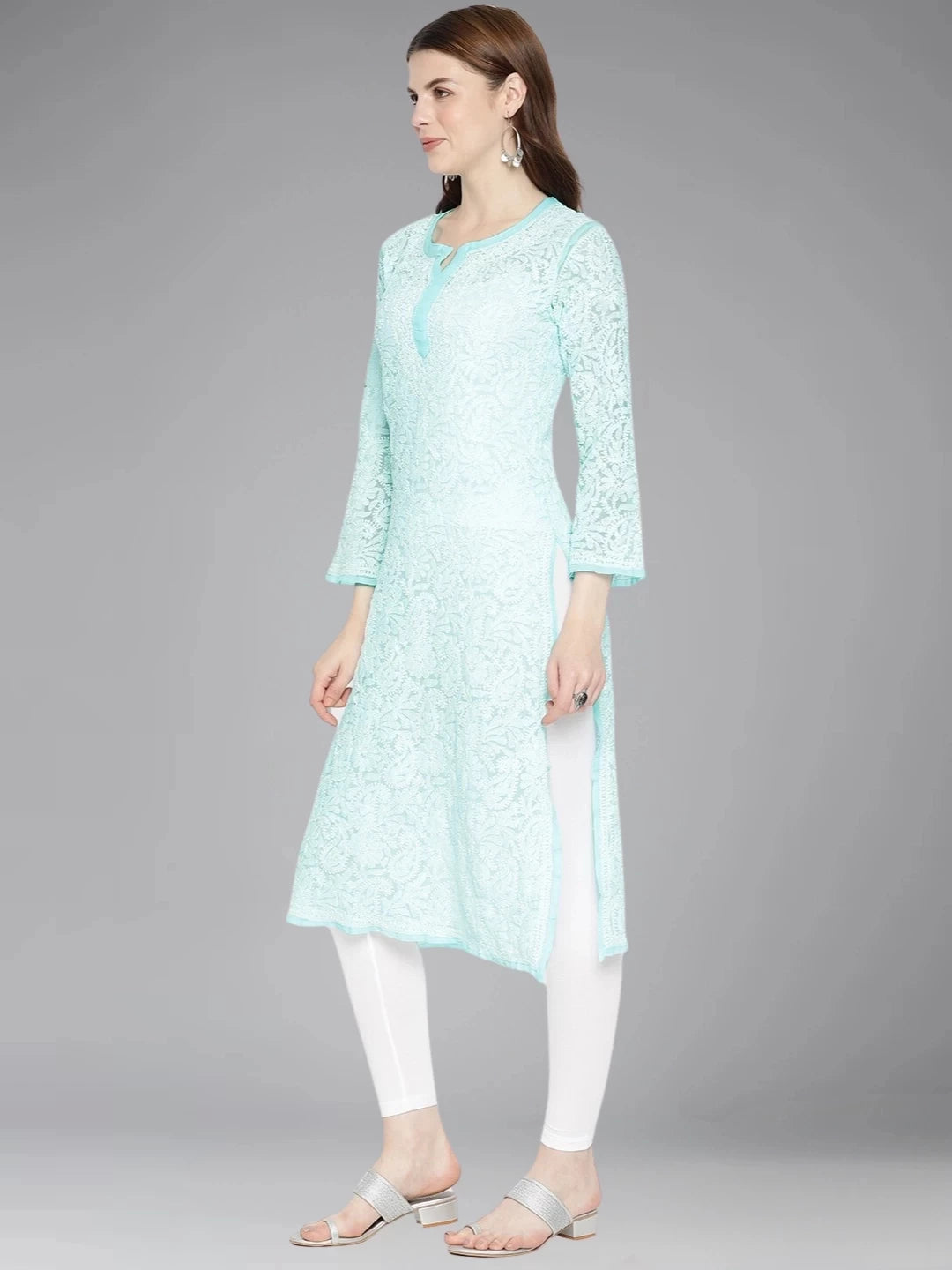 Ada Hand Embroidered Blue Georgette Lucknowi Chikankari Straight Kurta A163786