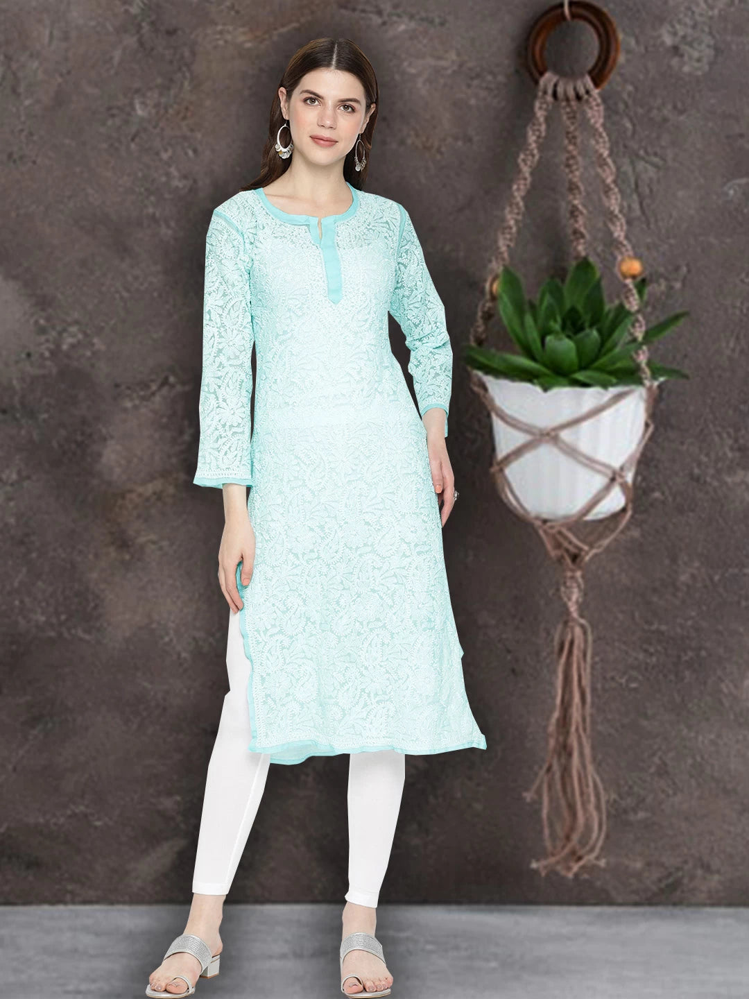 Ada Hand Embroidered Blue Georgette Lucknowi Chikankari Straight Kurta A163786