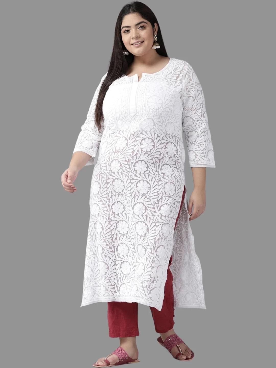 Ada Hand Embroidered White Georgette Lucknowi Chikankari Straight Kurta A104788
