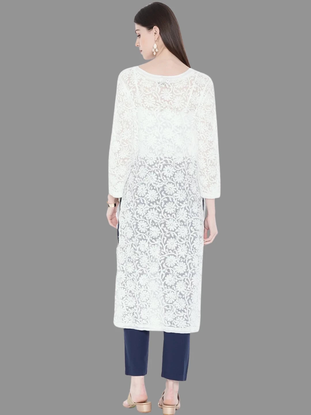 Ada Hand Embroidered White Georgette Lucknowi Chikankari Straight Kurta A104788