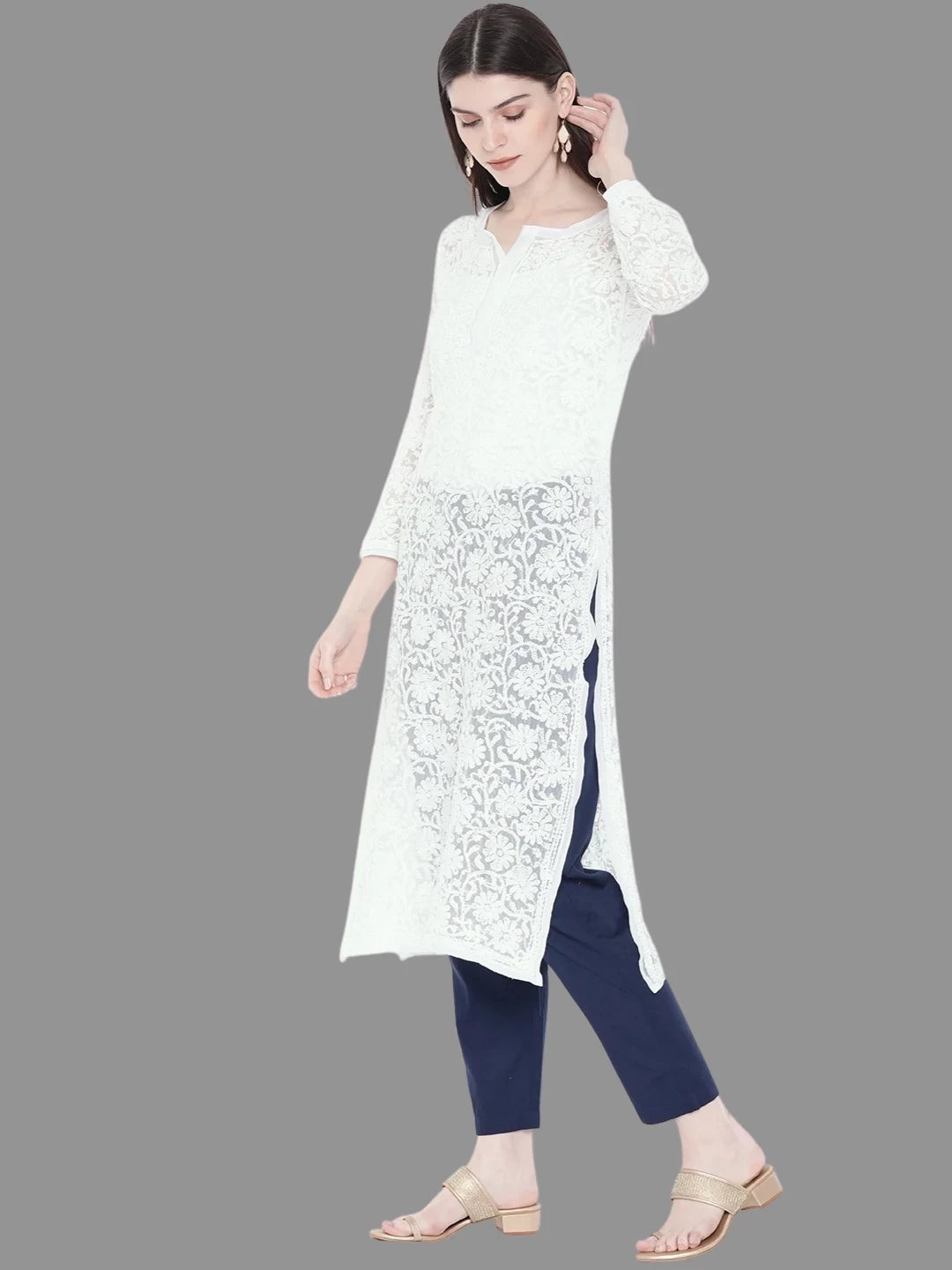 Ada Hand Embroidered White Georgette Lucknowi Chikankari Straight Kurta A104788
