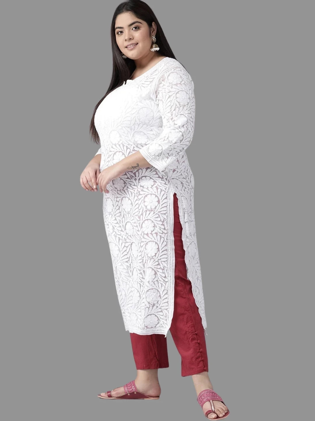 Ada Hand Embroidered White Georgette Lucknowi Chikankari Straight Kurta A104788