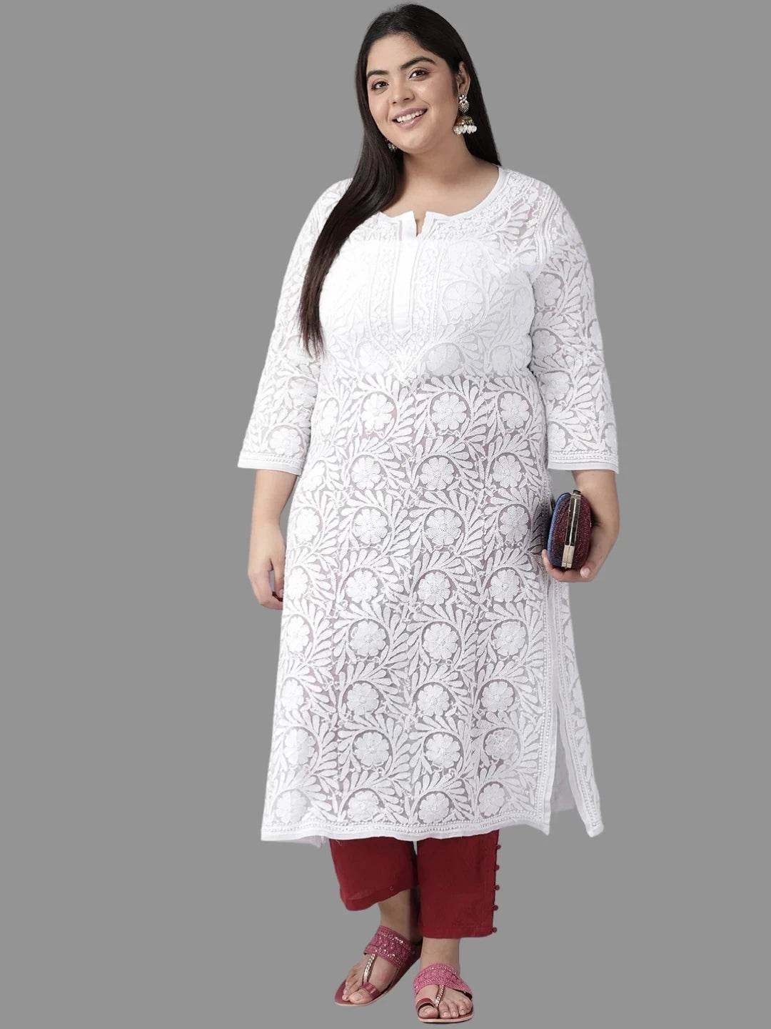 Ada Hand Embroidered White Georgette Lucknowi Chikankari Straight Kurta A104788