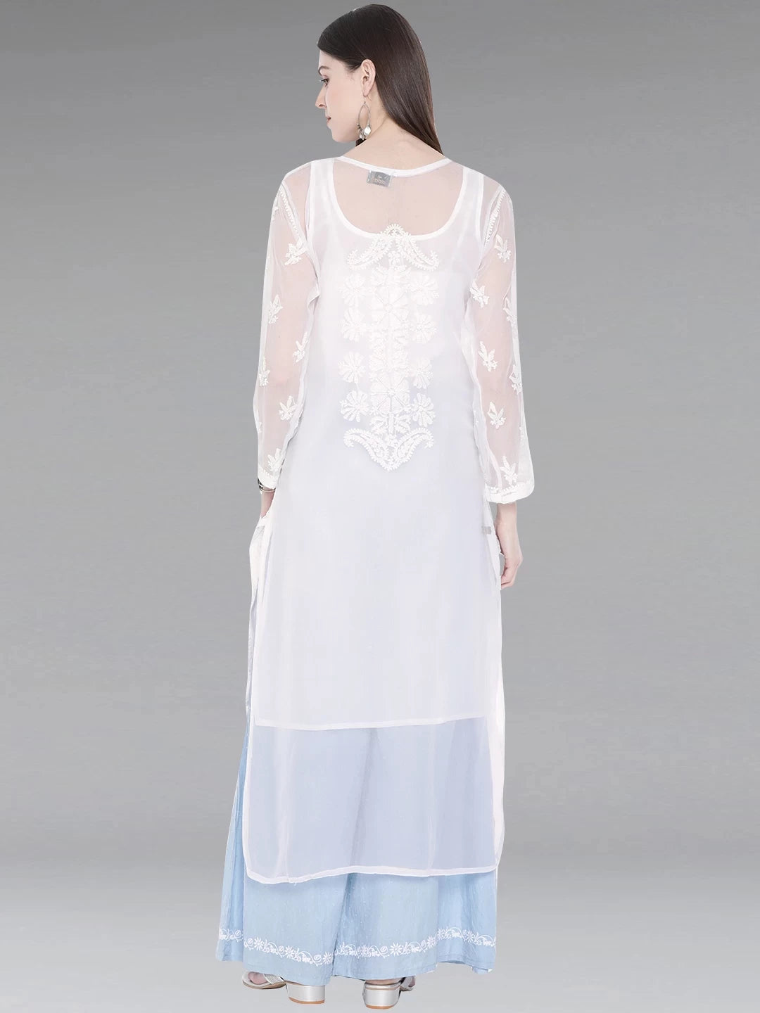 Ada Hand Embroidered White Georgette Lucknowi Chikankari Straight Kurta With Slip A218968