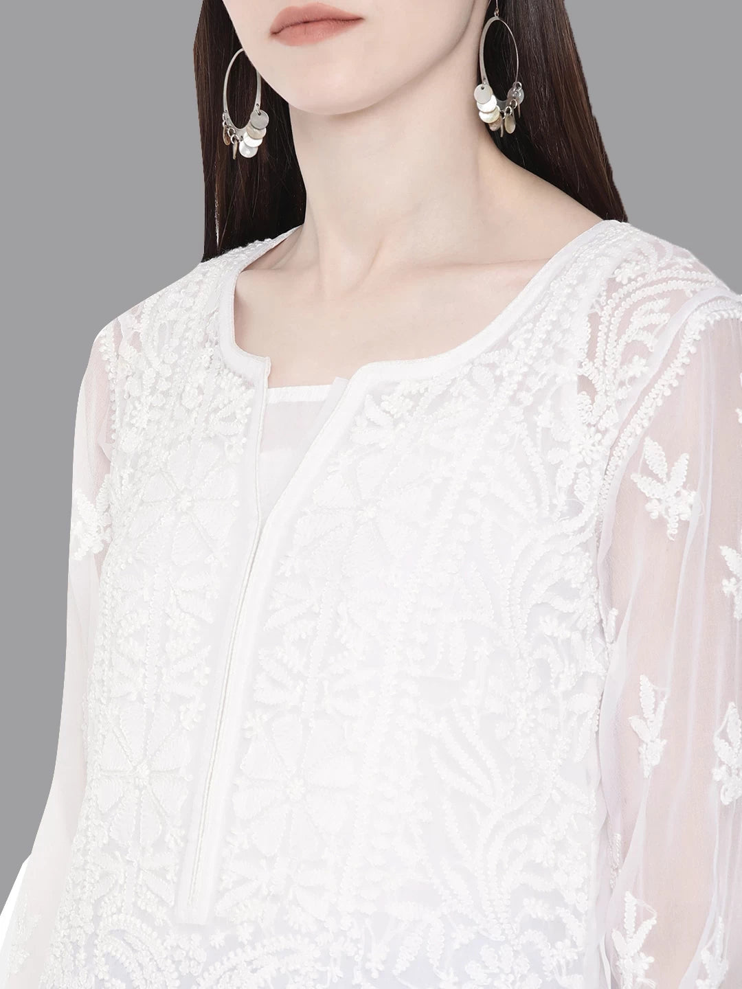 Ada Hand Embroidered White Georgette Lucknowi Chikankari Straight Kurta With Slip A218968
