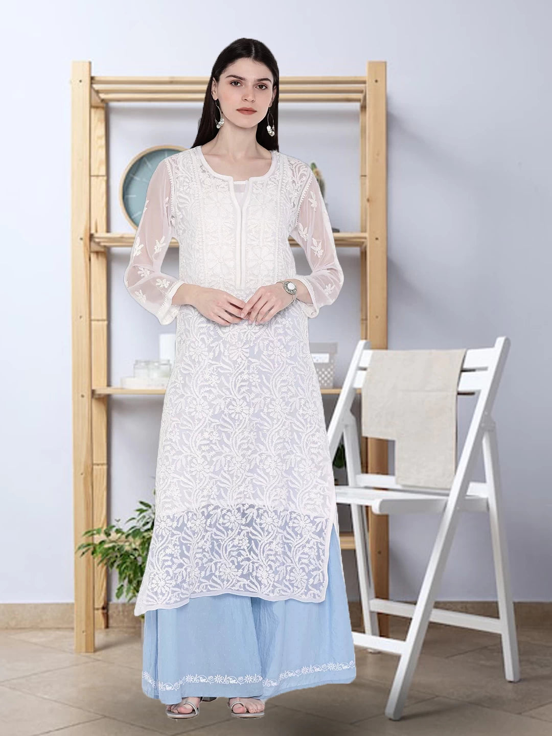 Ada Hand Embroidered White Georgette Lucknowi Chikankari Straight Kurta With Slip A218968