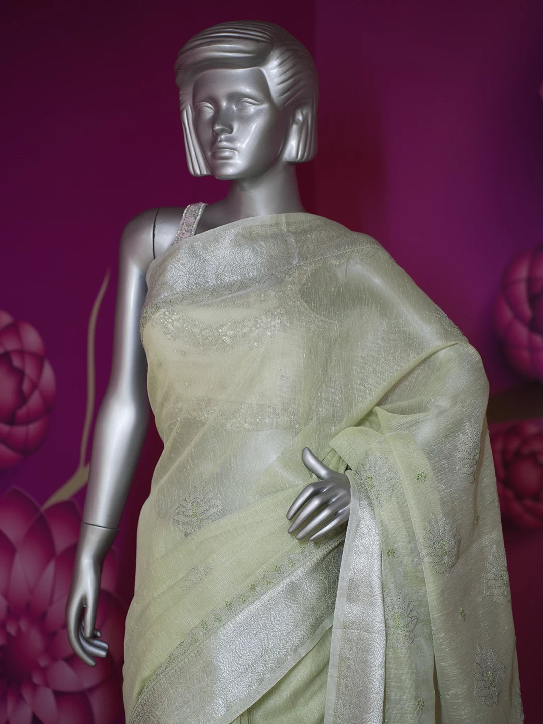 Ada Hand Embroidered Pistachio Green Chanderi Lucknowi Chikankari Saree With Blouse 01A483260