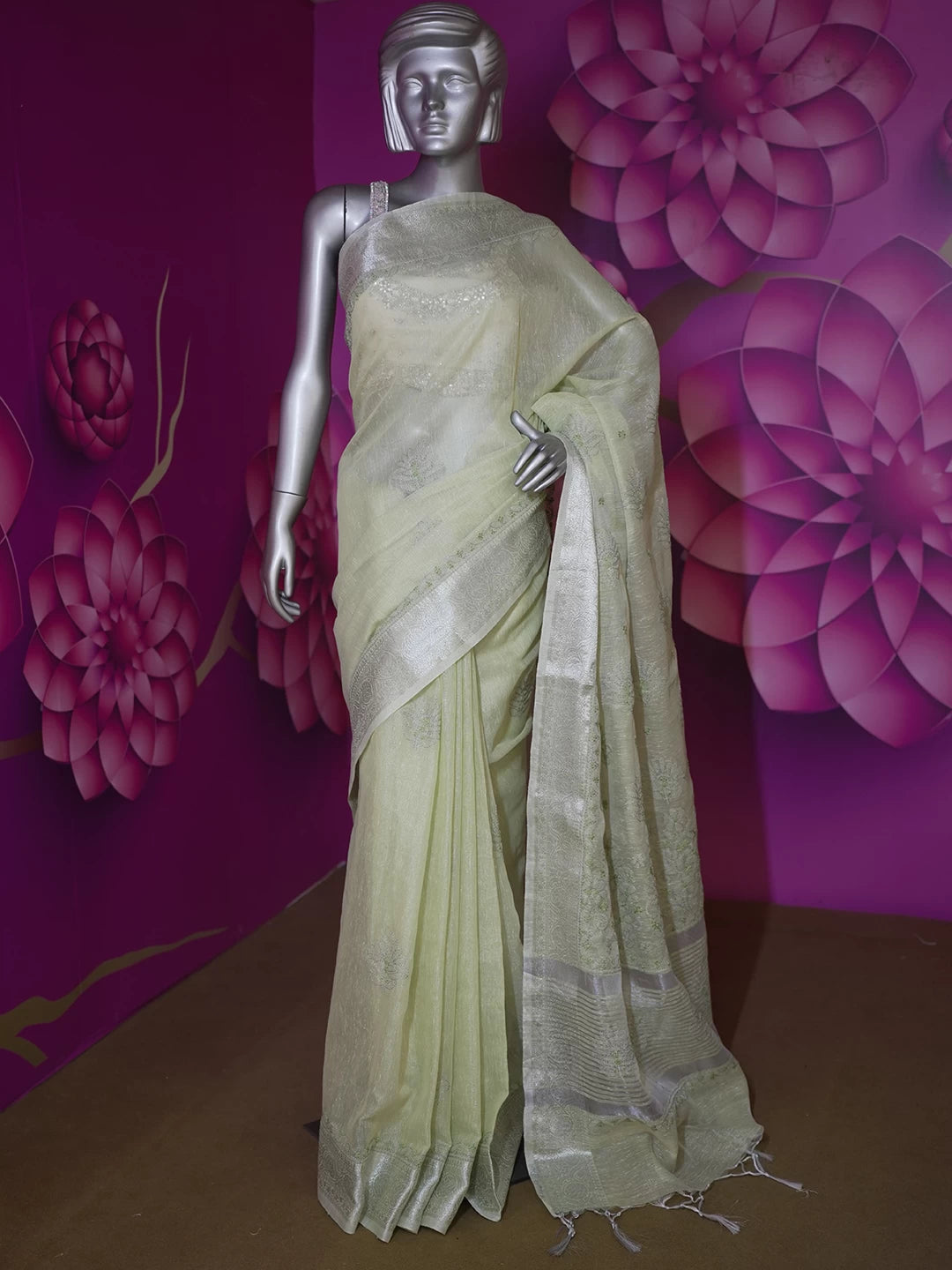 Ada Hand Embroidered Pistachio Green Chanderi Lucknowi Chikankari Saree With Blouse 01A483260