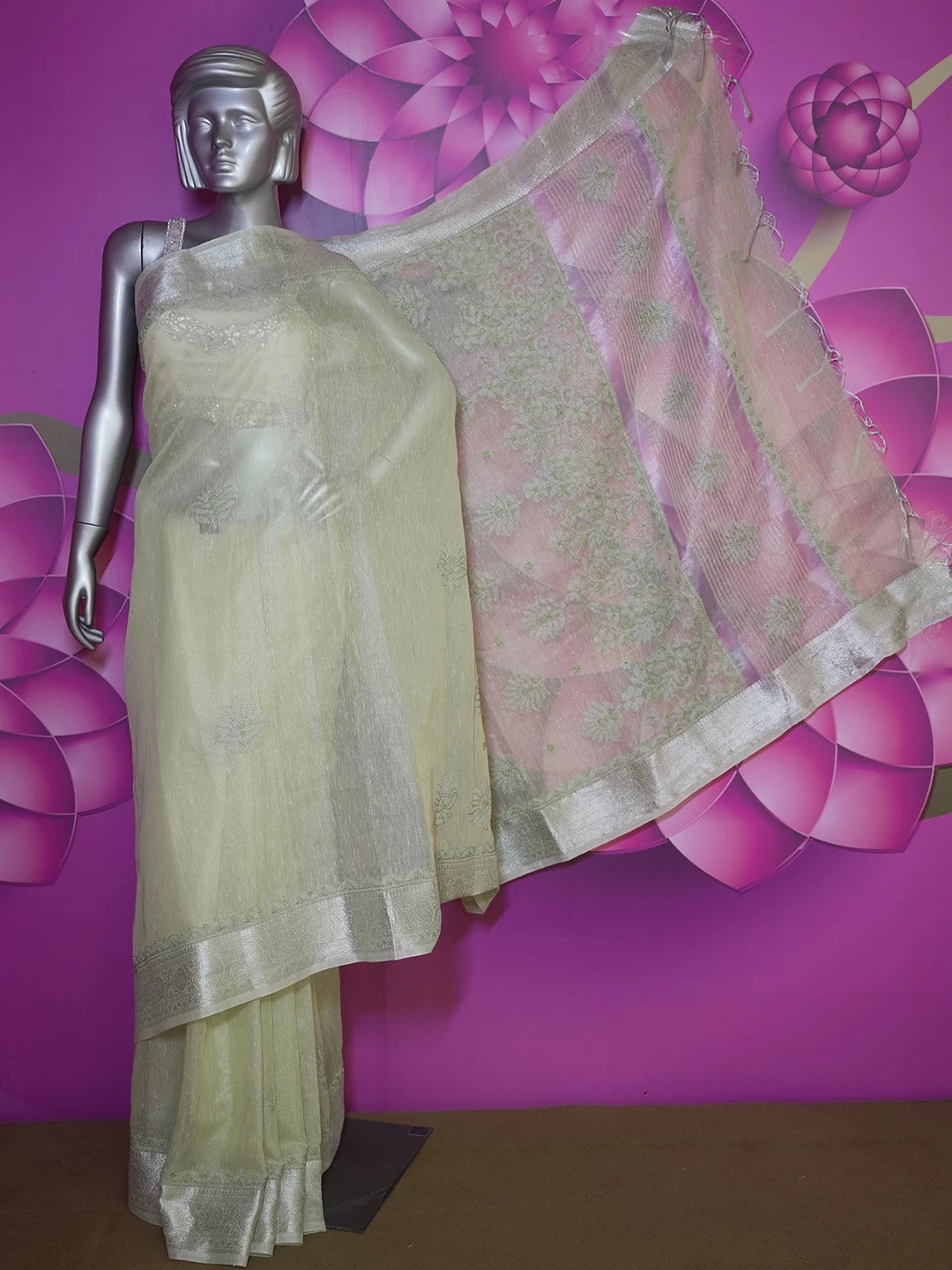 Ada Hand Embroidered Pistachio Green Chanderi Lucknowi Chikankari Saree With Blouse 01A483260