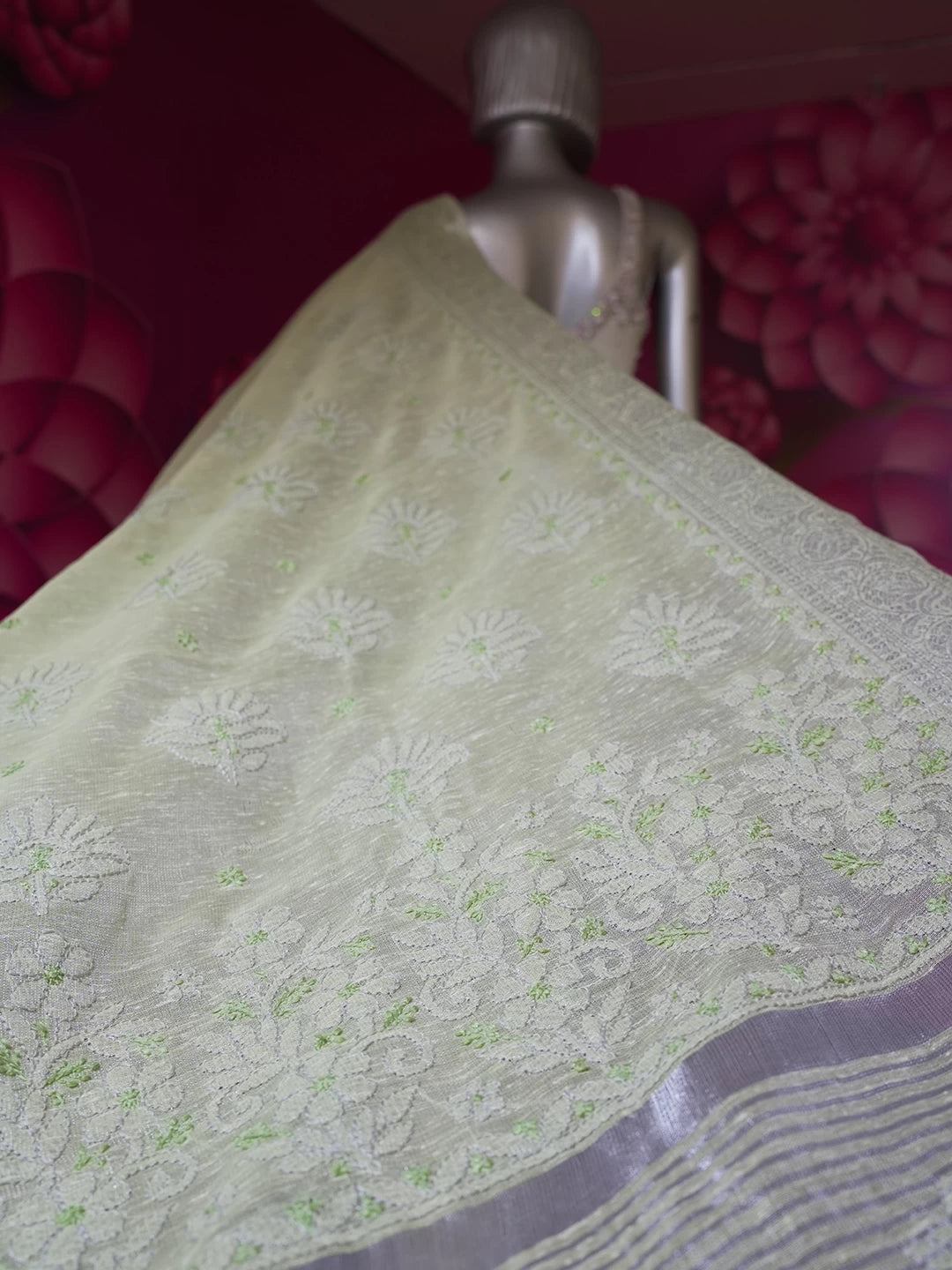Ada Hand Embroidered Pistachio Green Chanderi Lucknowi Chikankari Saree With Blouse 01A483260