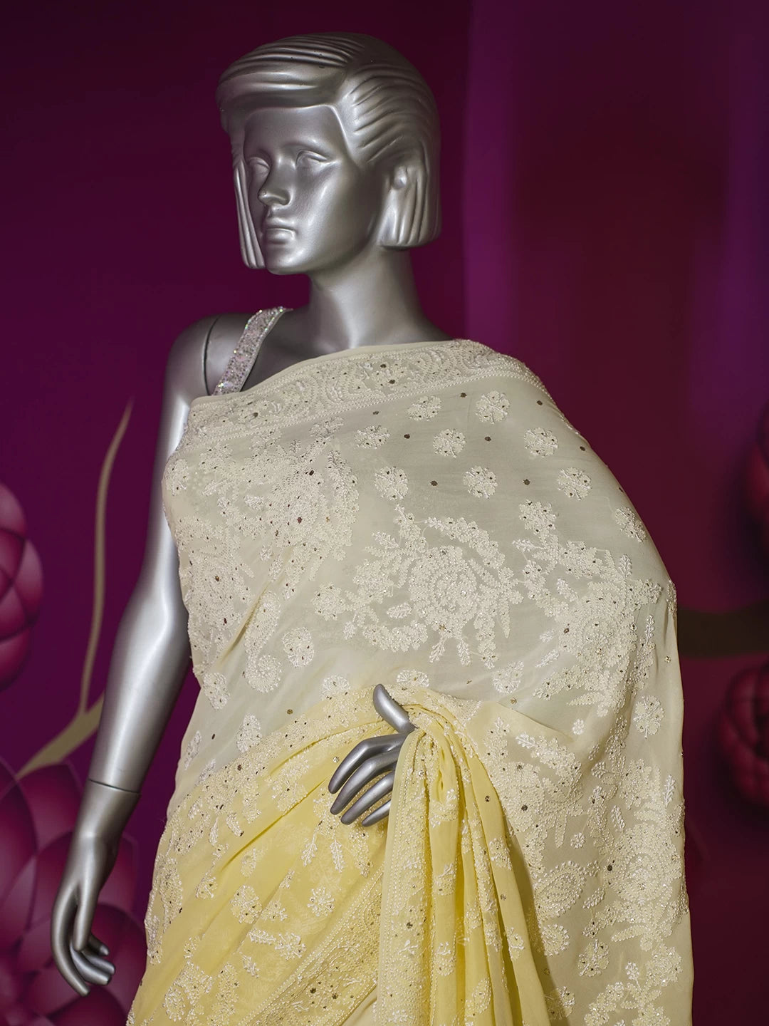 Ada Hand Embroidered Yellow Pure Georgette Lucknowi Chikankari Saree With Blouse And Muqaish Work 01A404679