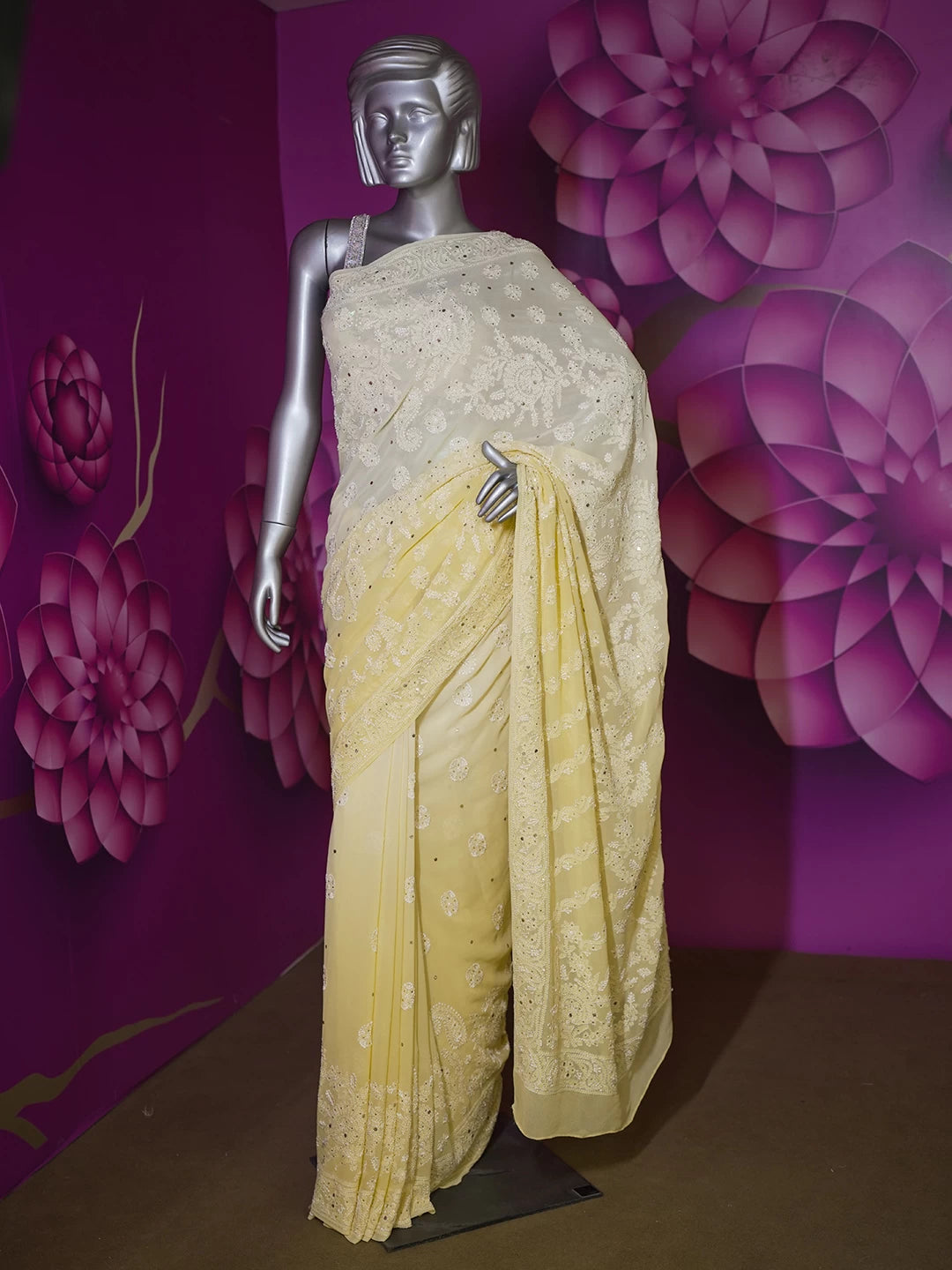 Ada Hand Embroidered Yellow Pure Georgette Lucknowi Chikankari Saree With Blouse And Muqaish Work 01A404679