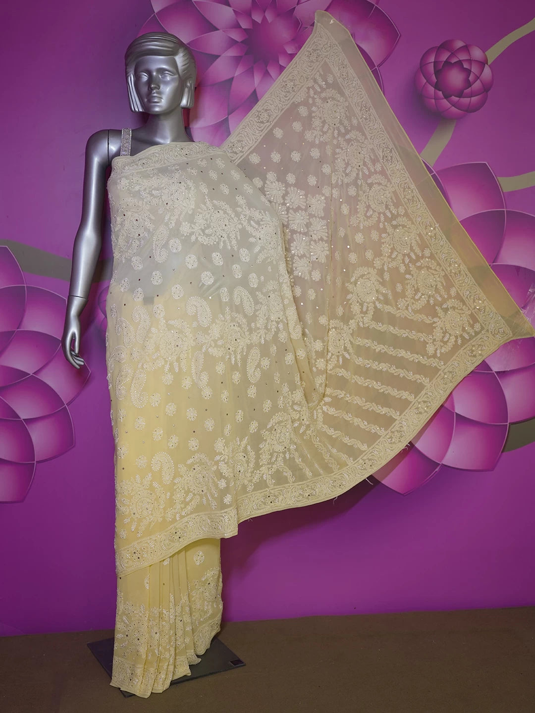 Ada Hand Embroidered Yellow Pure Georgette Lucknowi Chikankari Saree With Blouse And Muqaish Work 01A404679