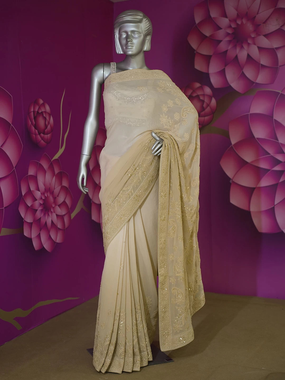 Ada Hand Embroidered Fawn Pure Georgette Lucknowi Chikankari Saree With Blouse And Cutdana Work 01A439015