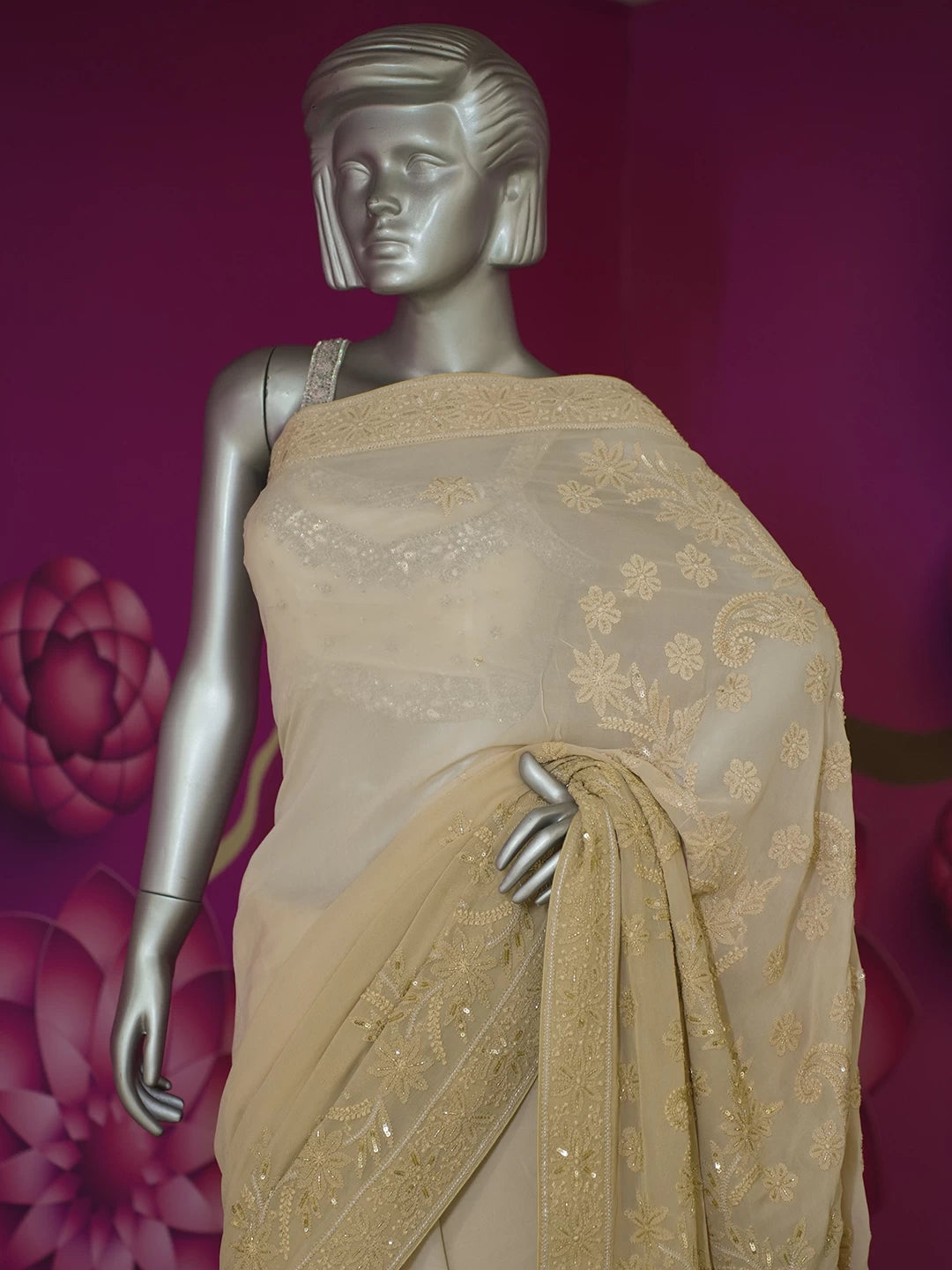 Ada Hand Embroidered Fawn Pure Georgette Lucknowi Chikankari Saree With Blouse And Cutdana Work 01A439015