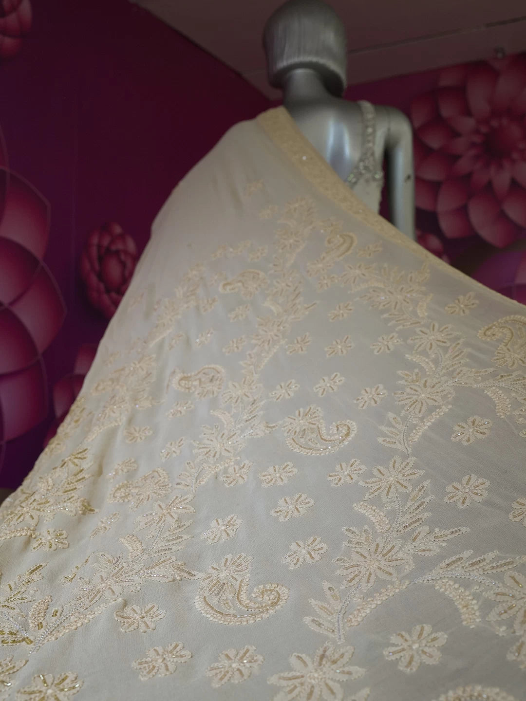 Ada Hand Embroidered Fawn Pure Georgette Lucknowi Chikankari Saree With Blouse And Cutdana Work 01A439015