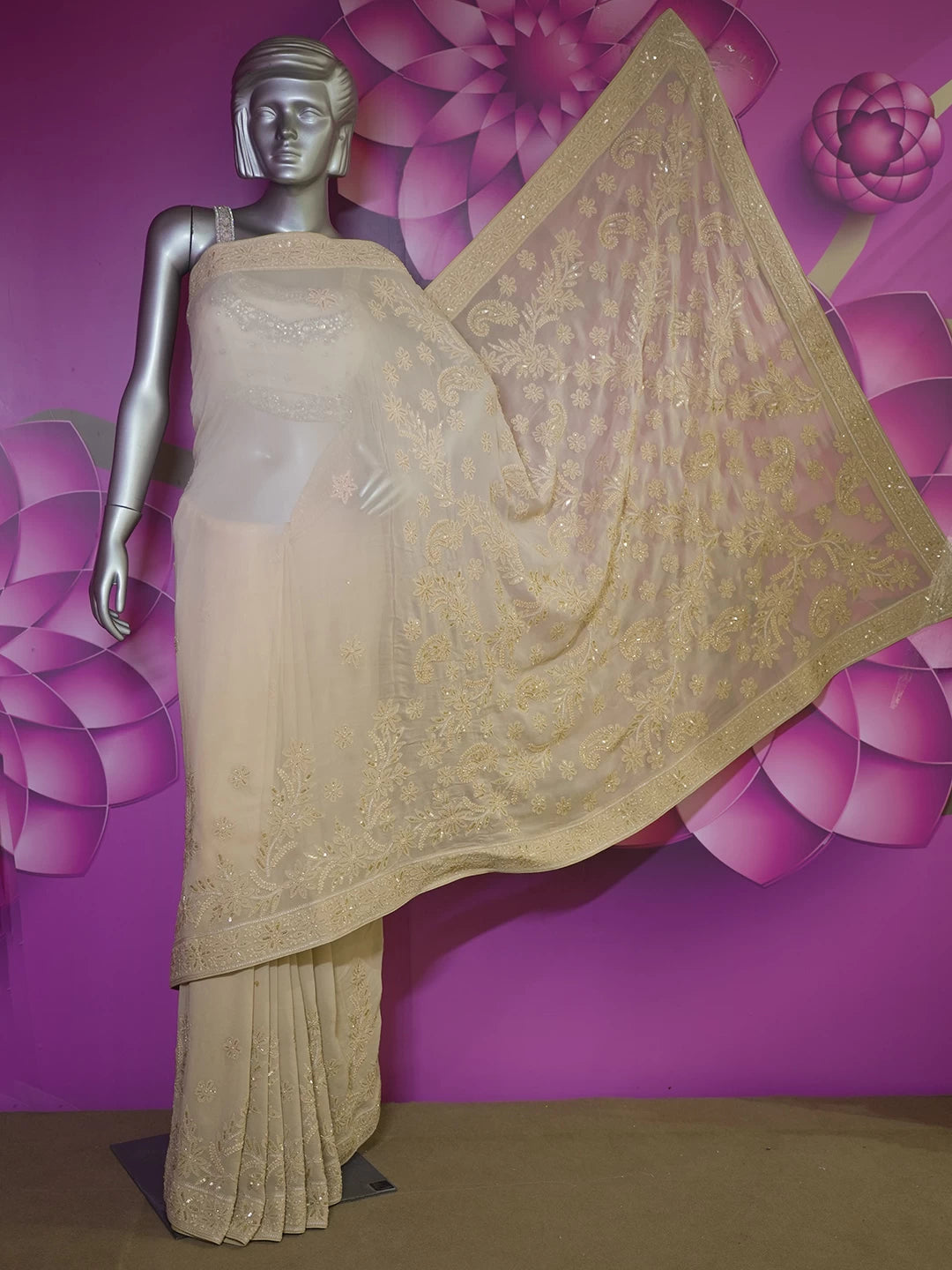 Ada Hand Embroidered Fawn Pure Georgette Lucknowi Chikankari Saree With Blouse And Cutdana Work 01A439015